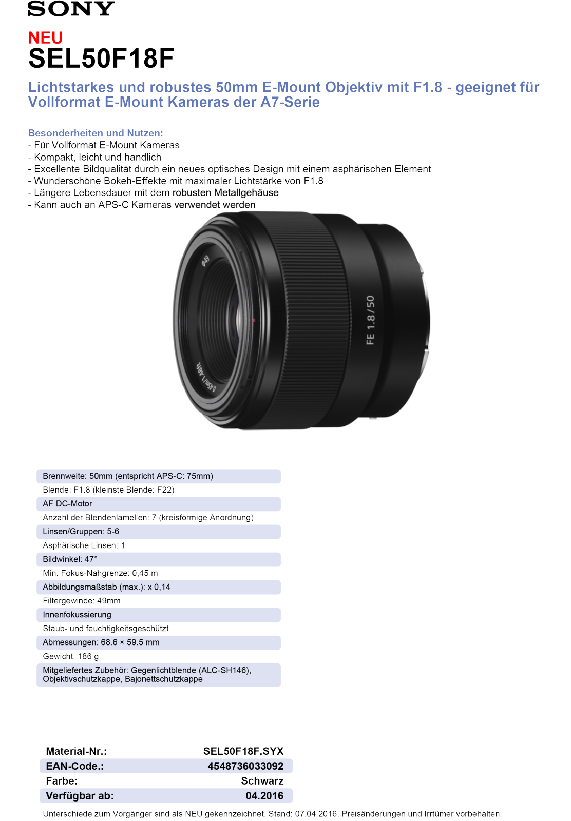 Sony SEL-50F18F Technical data