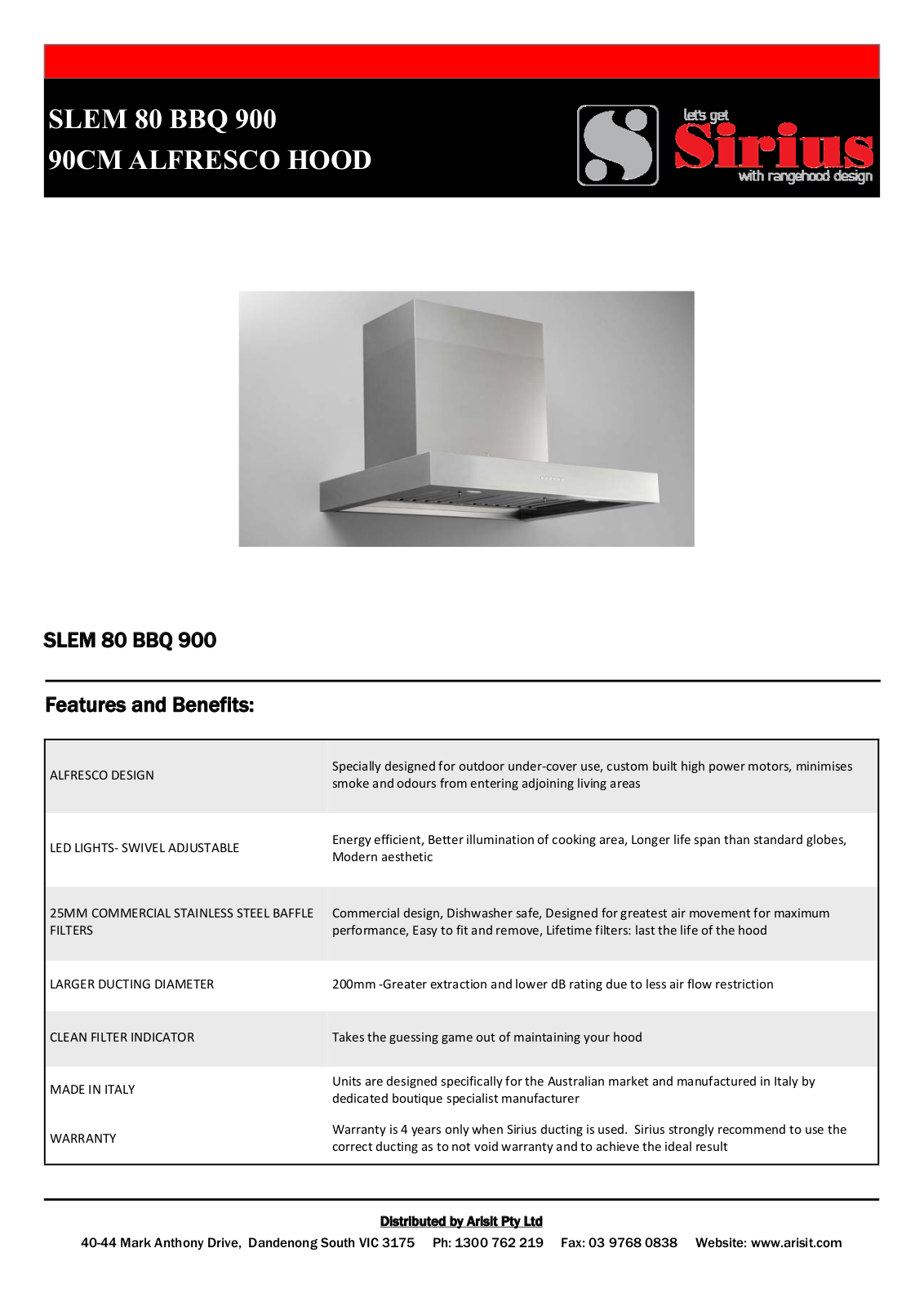 Sirius SLEM80BBQ900 Specifications Sheet - ManualMachine.com