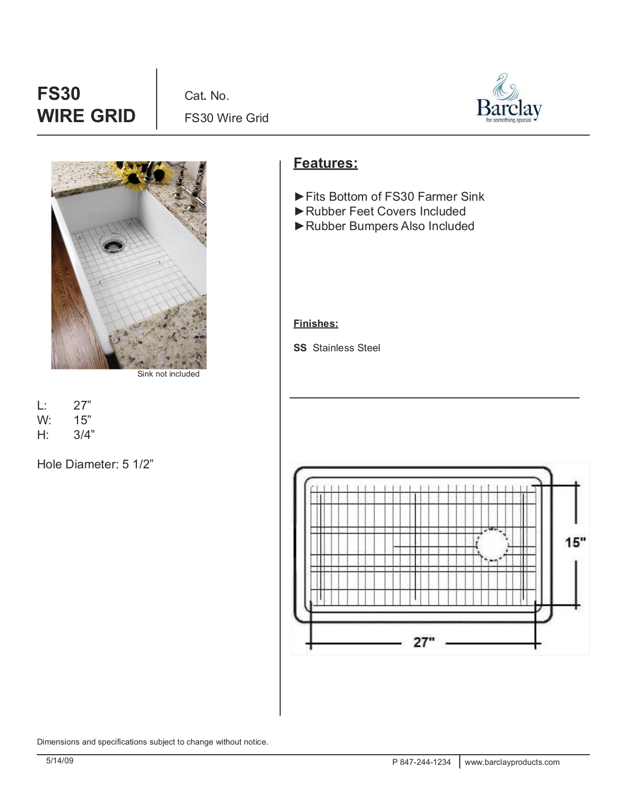 Barclay FS30WIREGRID Specifications