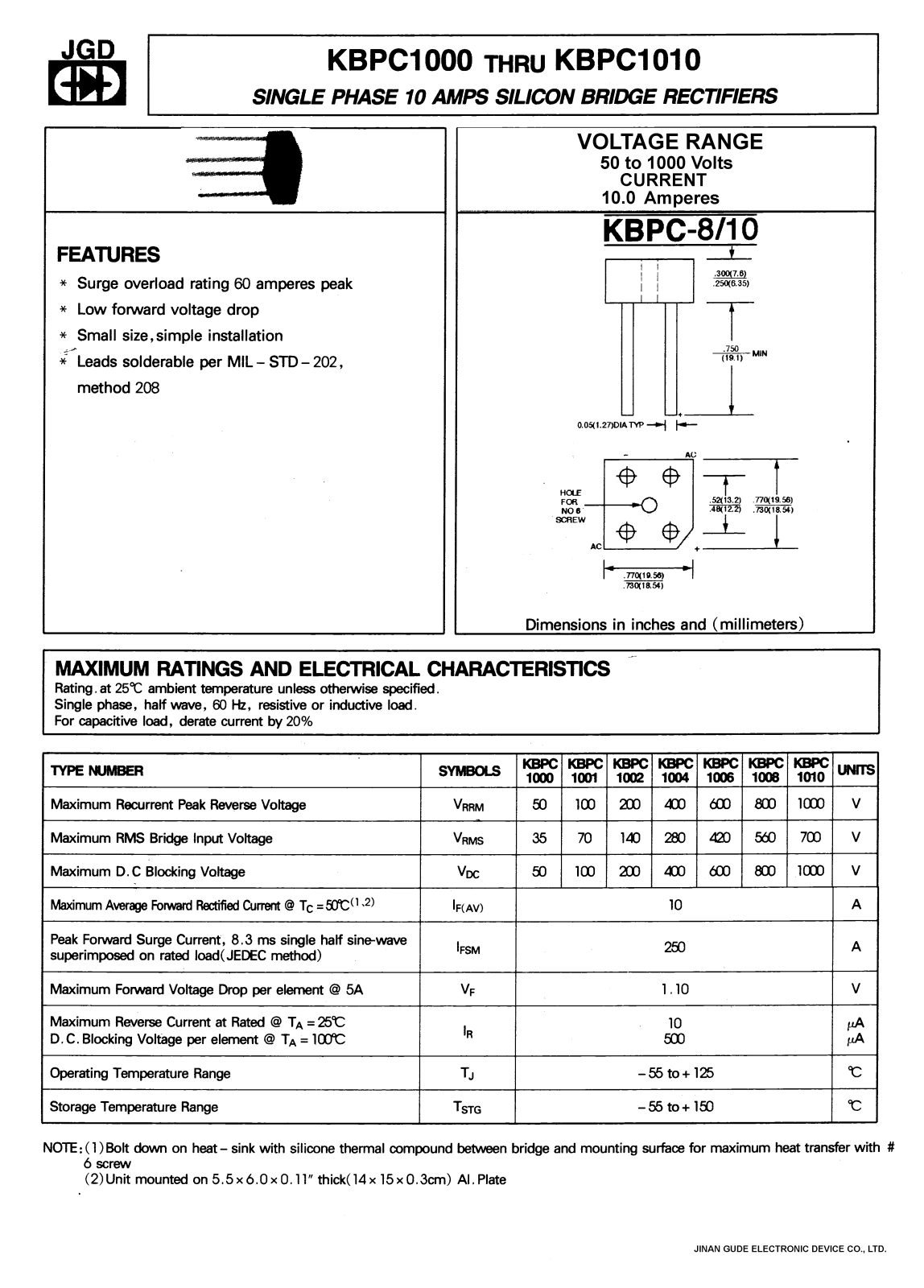 JGD KBPC1006, KBPC1002, KBPC1001, KBPC1000, KBPC1010 Datasheet