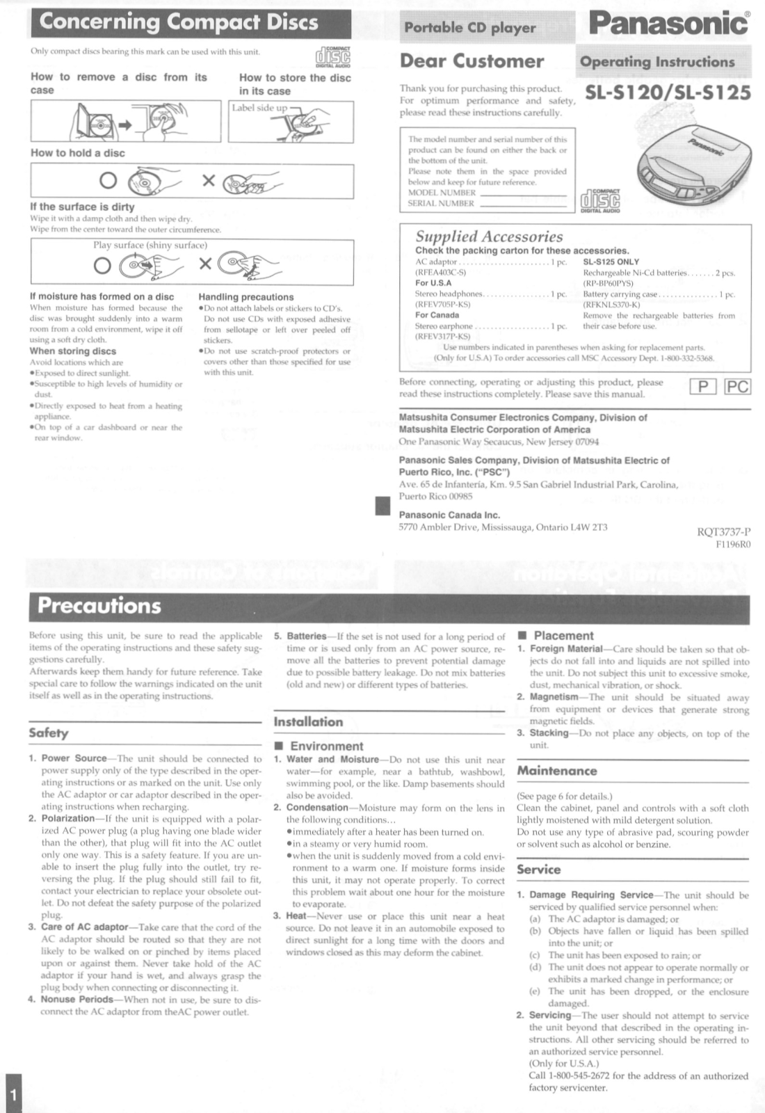 Panasonic SL-S120, SL-S125 Operating Instruction
