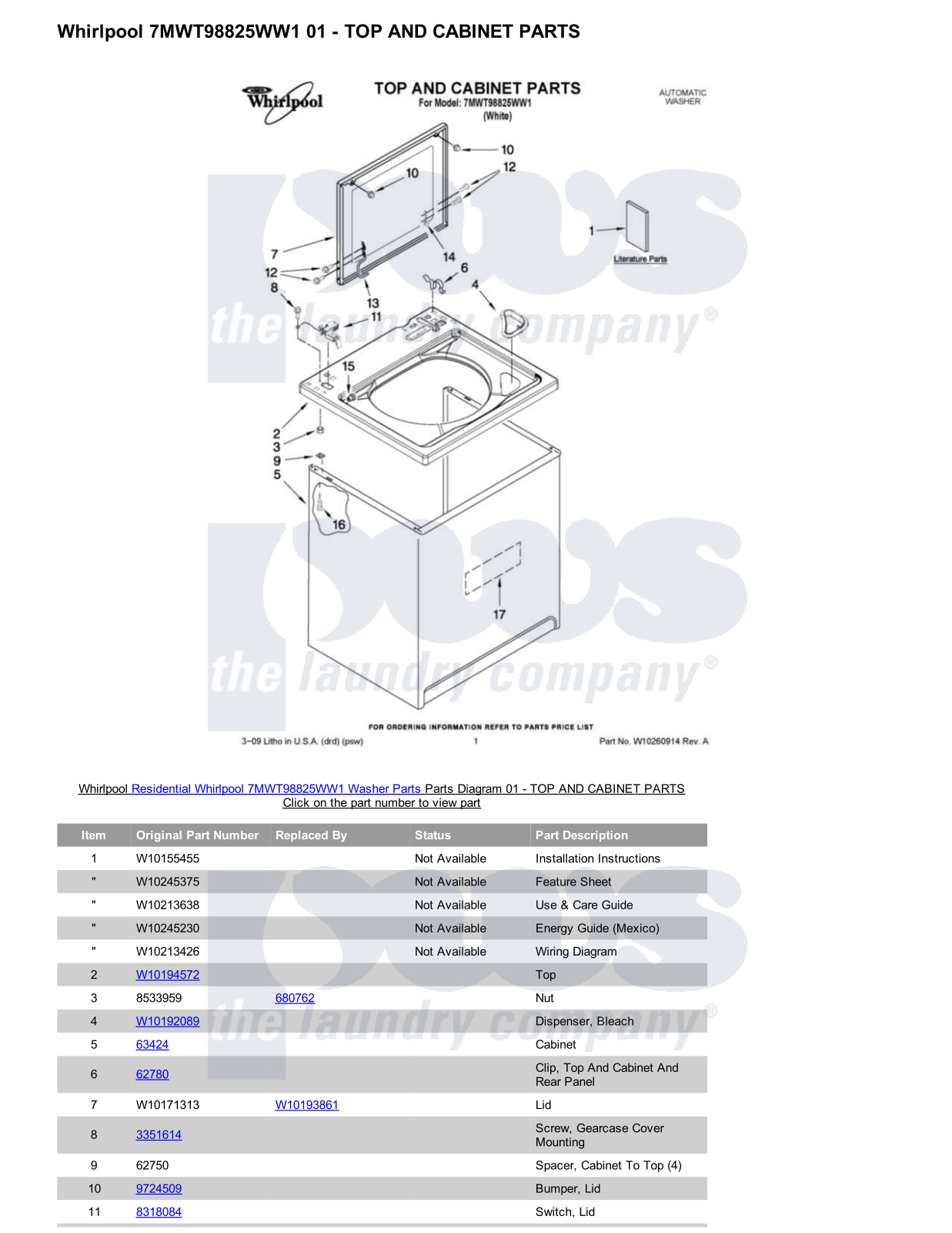 Whirlpool 7MWT98825WW1 Parts Diagram