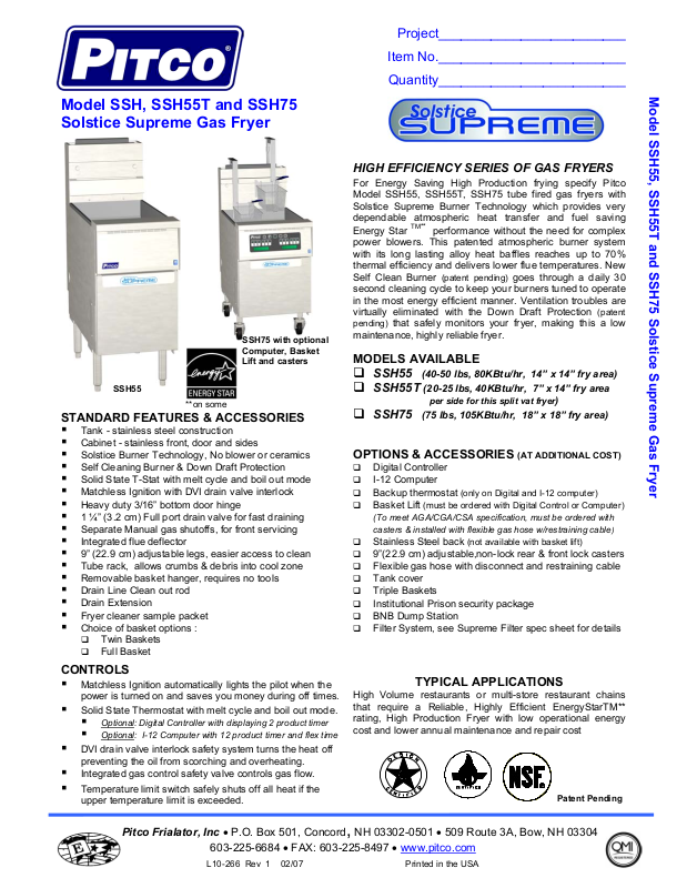 Pitco Frialator SSH75, SSH55T, SSH User Manual