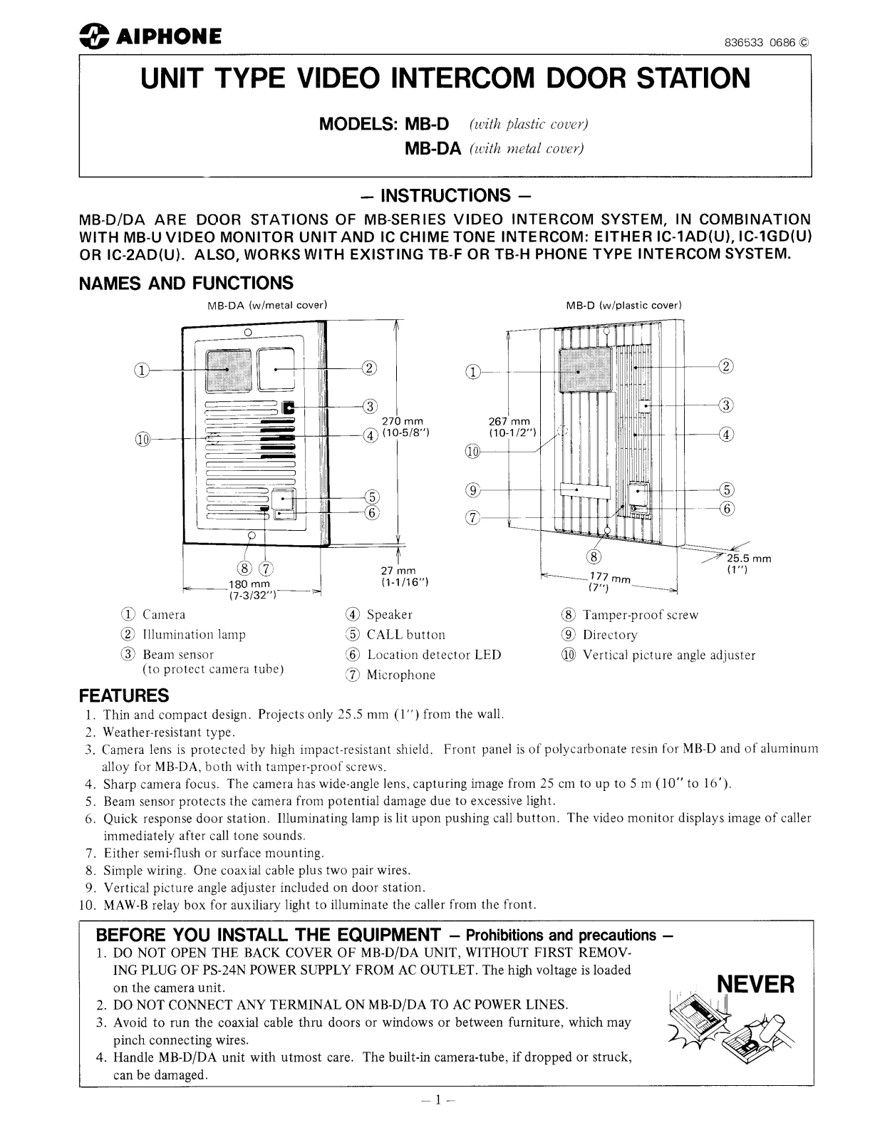 Aiphone MB-DA, MB-D Instruction