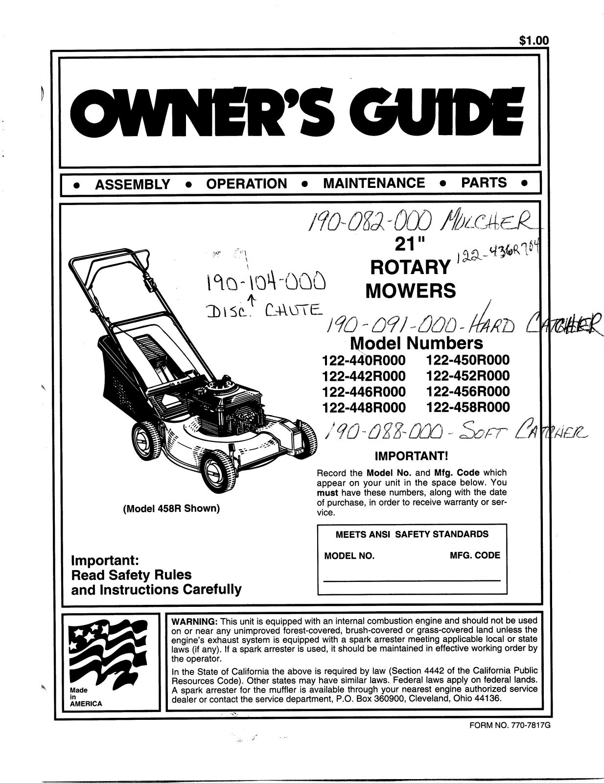 MTD 122-446R000, 122-452R000, 122-442R000, 122-440R000, 122-450R000 User Manual