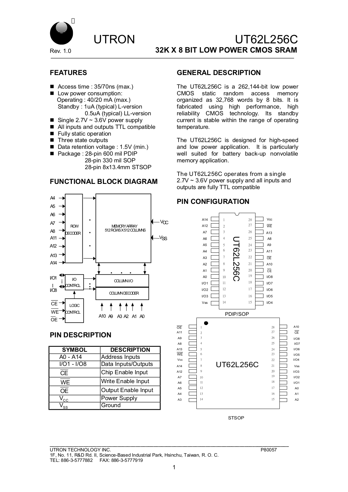 UTRON UT62L256CSC-70LL, UT62L256CSC-70L, UT62L256CSC-35LL, UT62L256CSC-35L, UT62L256CPC-70LL Datasheet