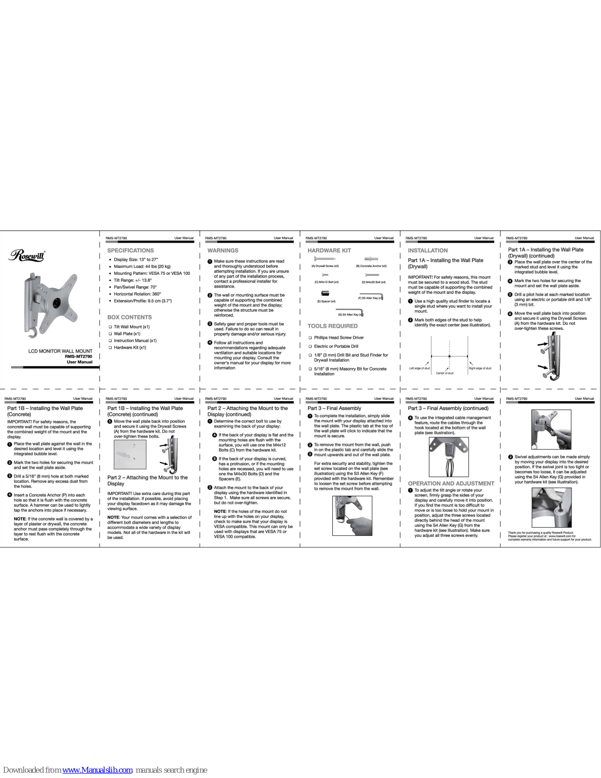 Rosewill LCD MONITOR WALL MOUNT RMS-MT2790 User Manual