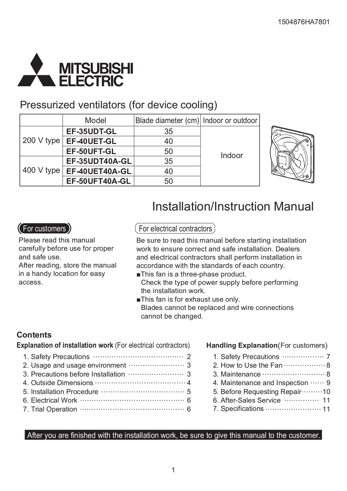 Mitsubishi Electric EF-35UDT-GL, EF-35UDT40A-GL, EF-50UFT-GL, EF-40UET-GL, EF-40UET40A-GL Installation Instructions Manual