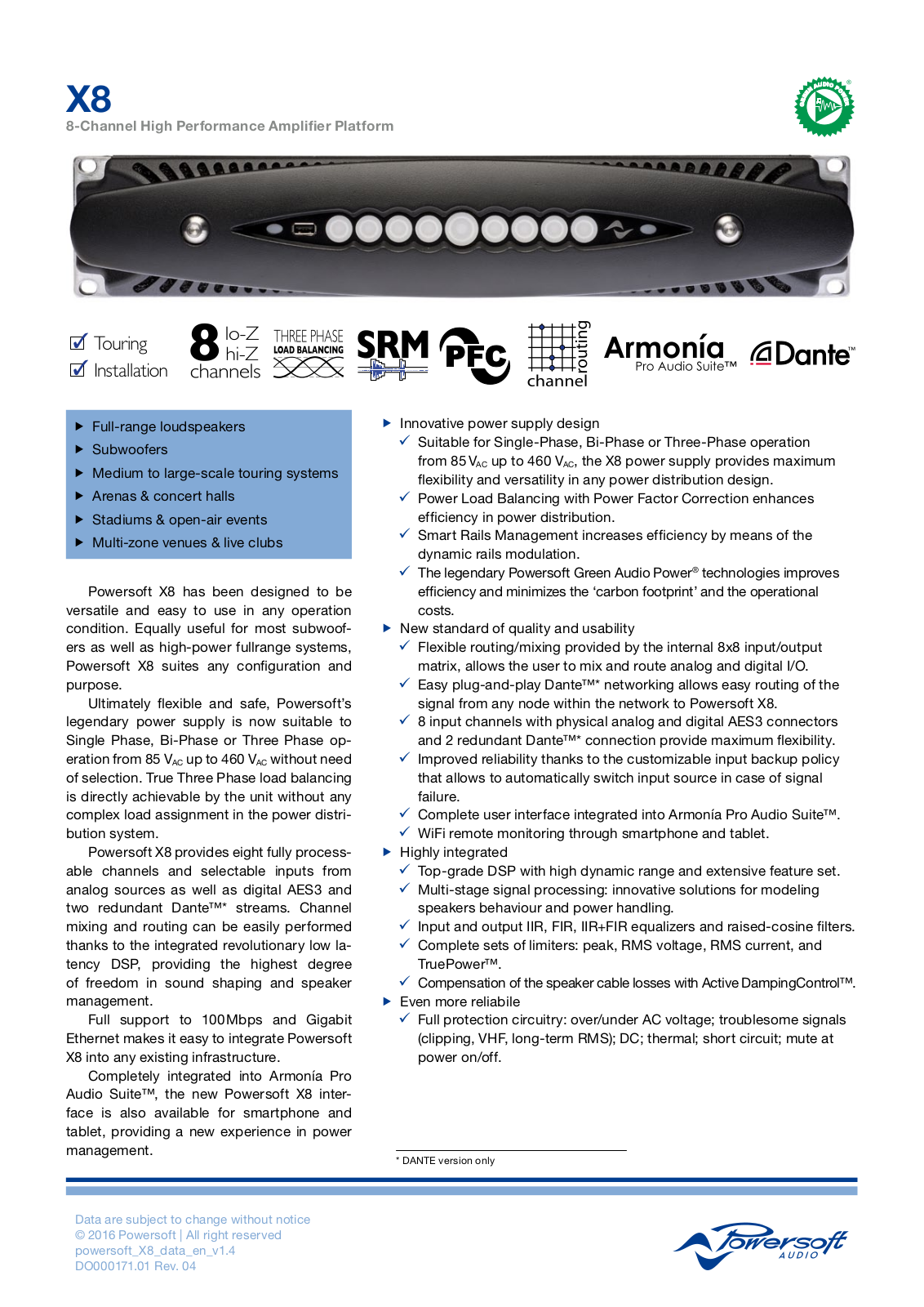 Powersoft X8 Datasheet