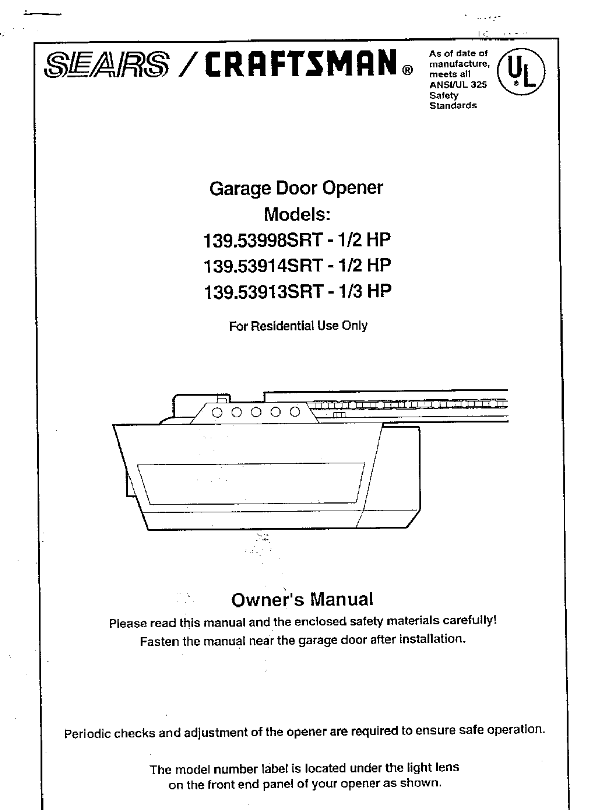 Craftsman 139.53998SRT, 139.53914SRT, 139.53913SRT Owner's Manual