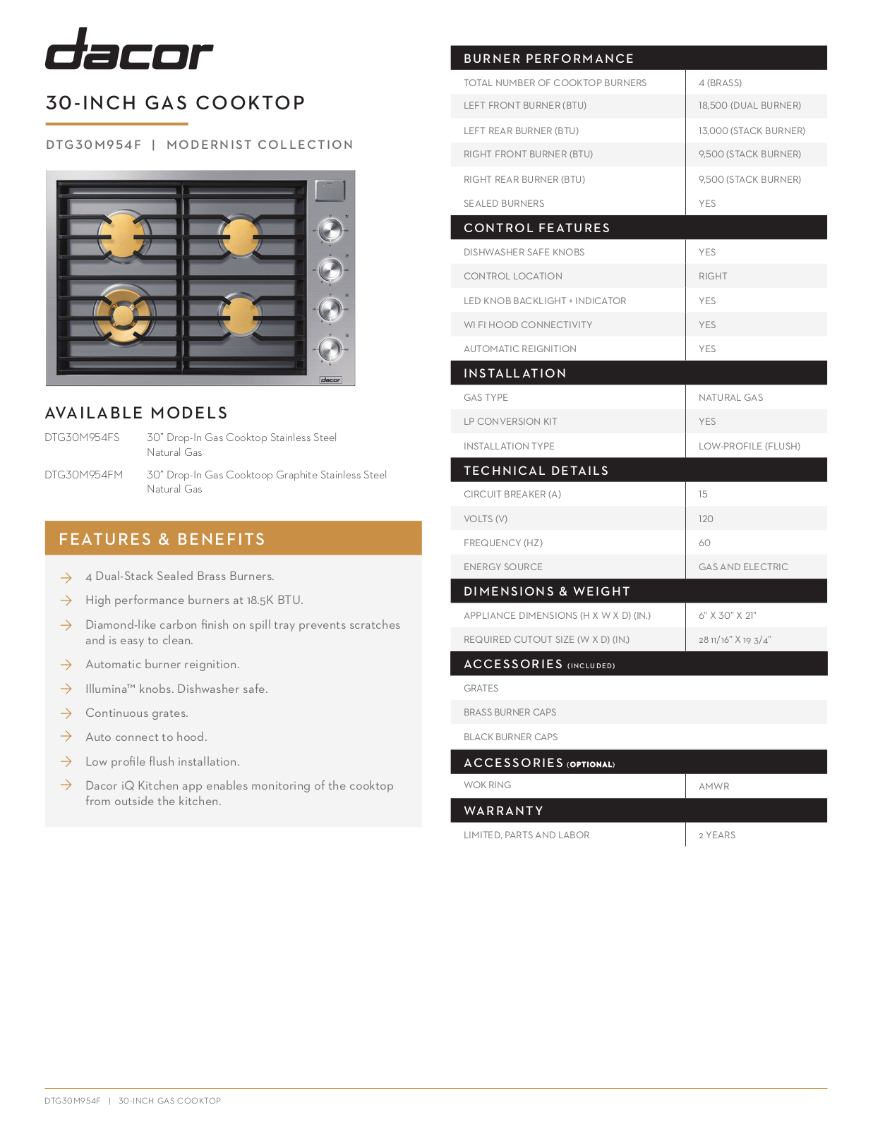 Dacor DTG30M954FM, DTG30M954FS Specifications