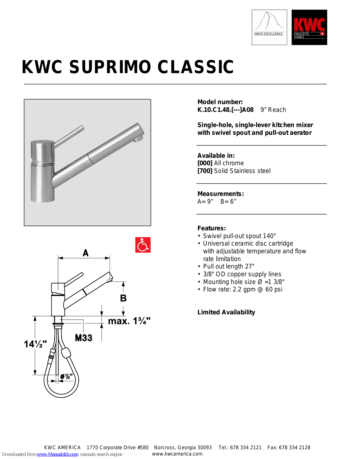 KWC Suprimo Classic K.10.C1.48, Suprimo Classic K.10.C1.48.000 A08, Suprimo Classic K.10.C1.48.700 A08 Specification Sheet - ManualMachine.com