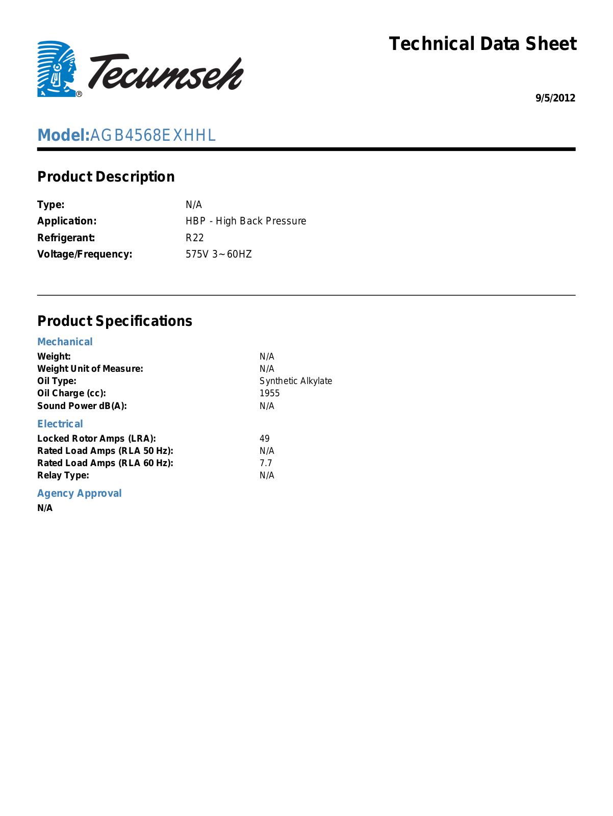 Tecumseh AGB4568EXHHL User Manual