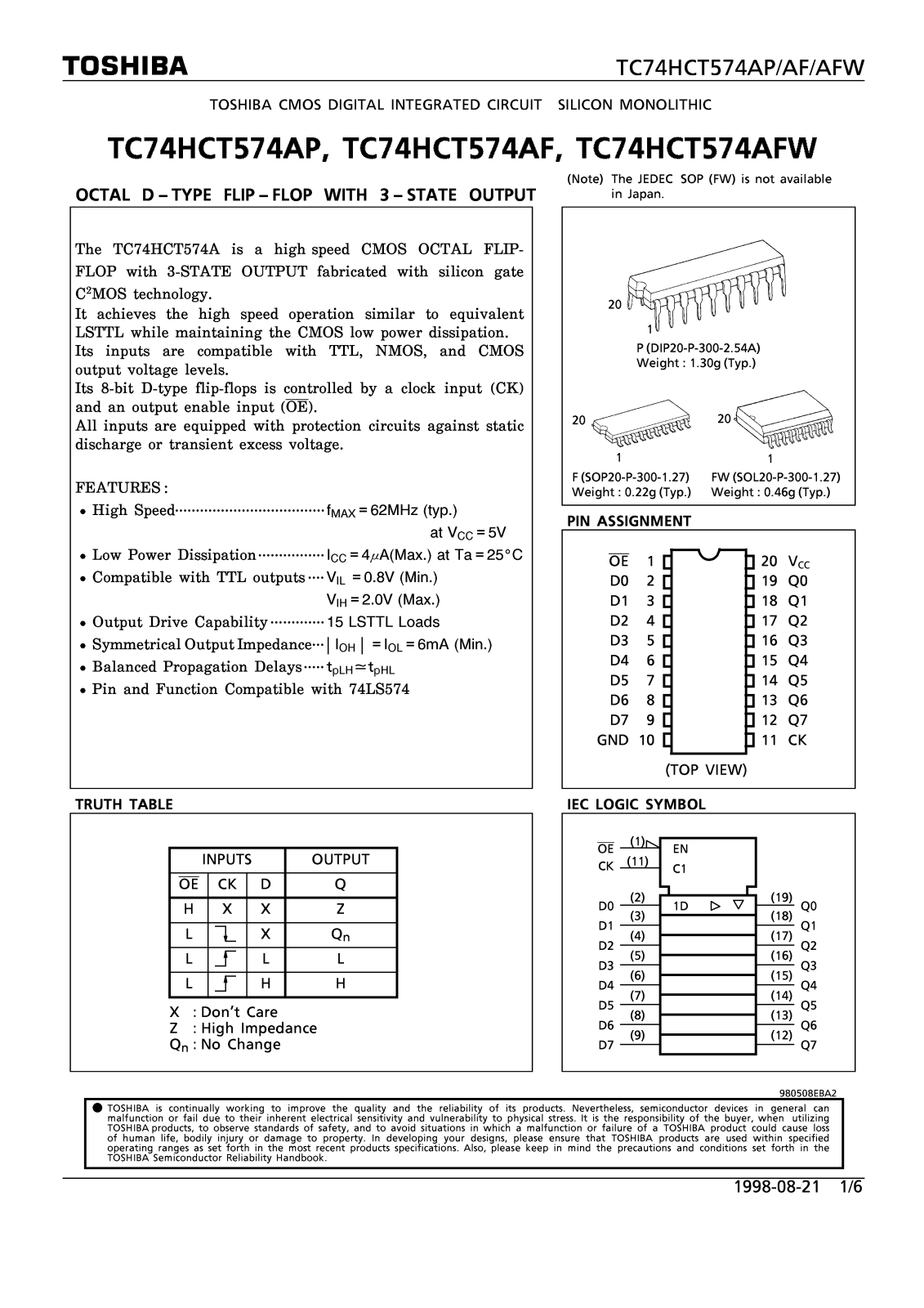 Toshiba TC74HCT574AP Datasheet