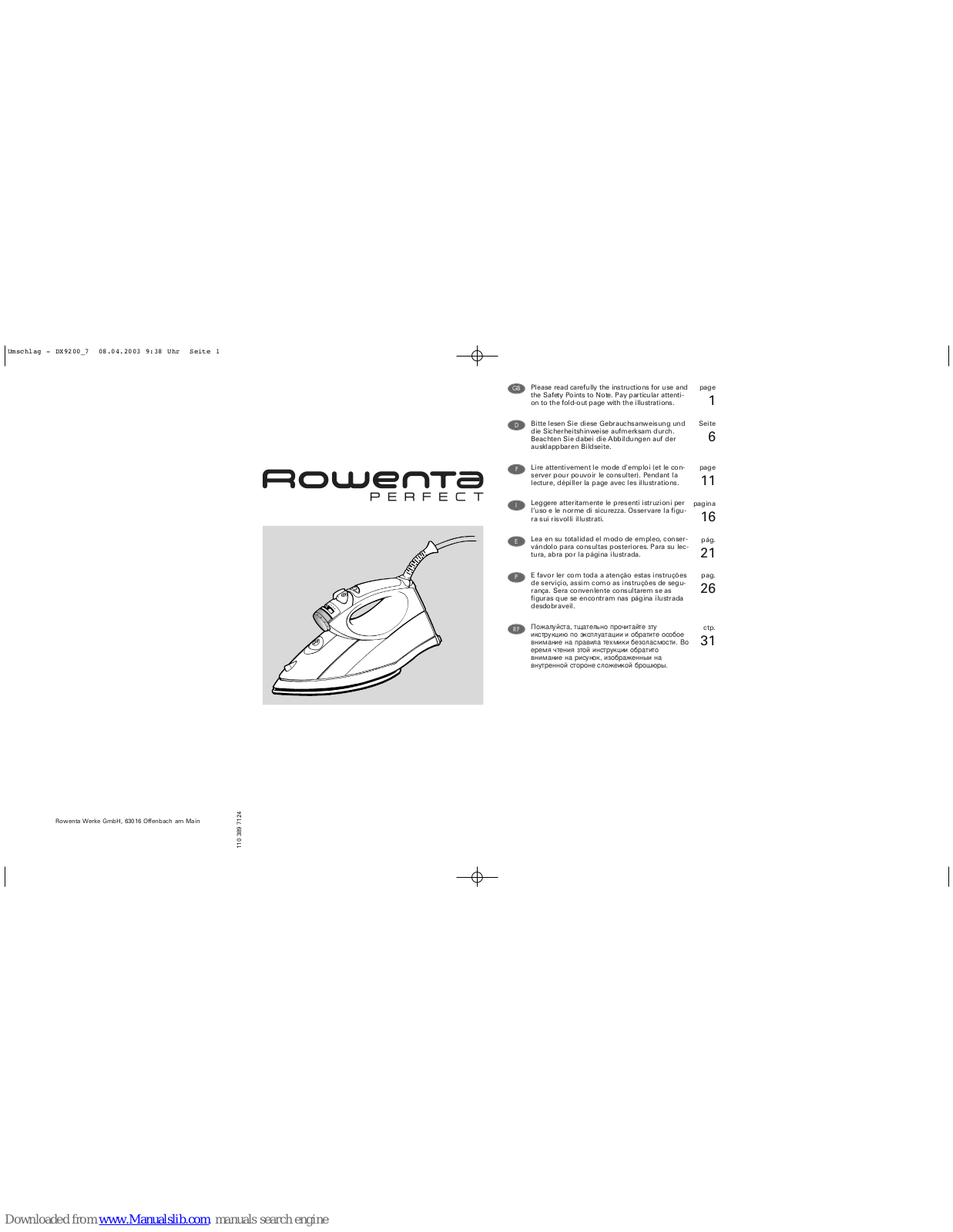 Rowenta PERFECT DX9200 Instructions For Use Manual