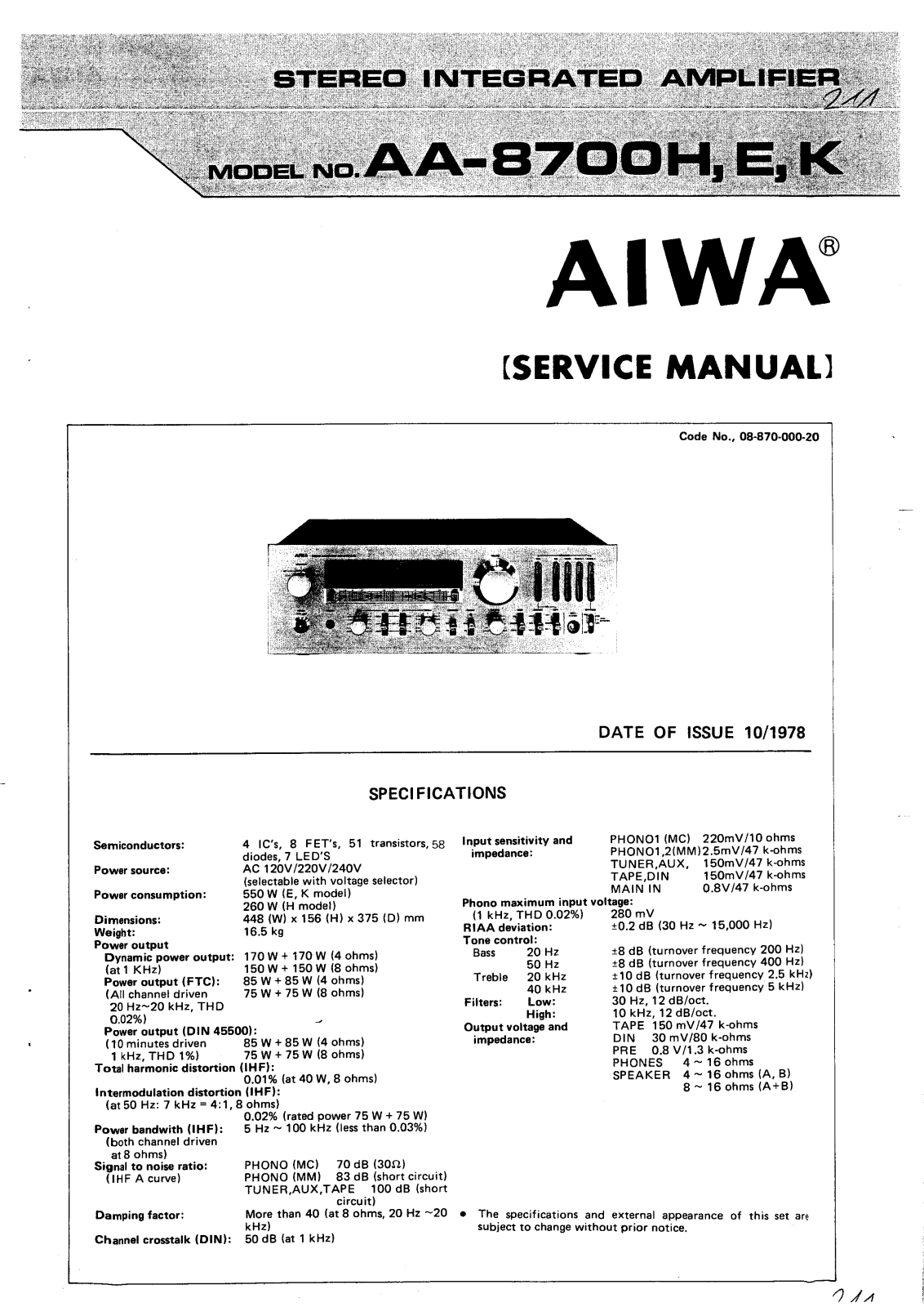 Aiwa AA-8700-H, AA-8700-E Service Manual