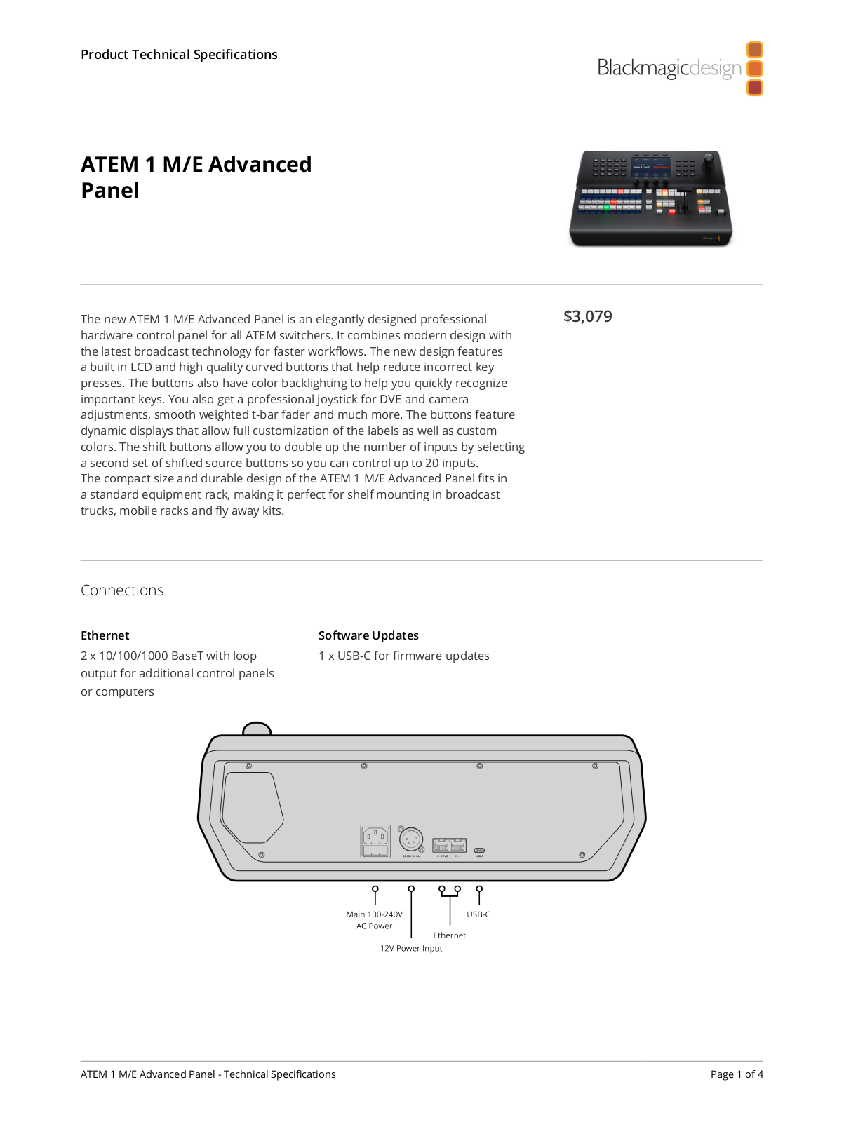 Blackmagic Design ATEM 1 M/E Advanced Panel Specifications