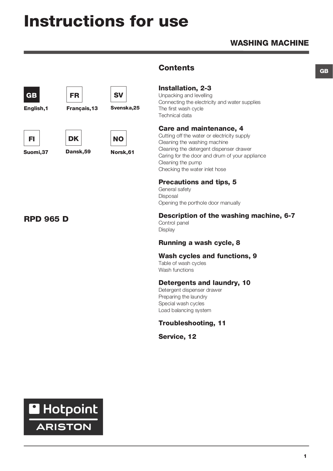 HOTPOINT RPD 965 DD EU User Manual