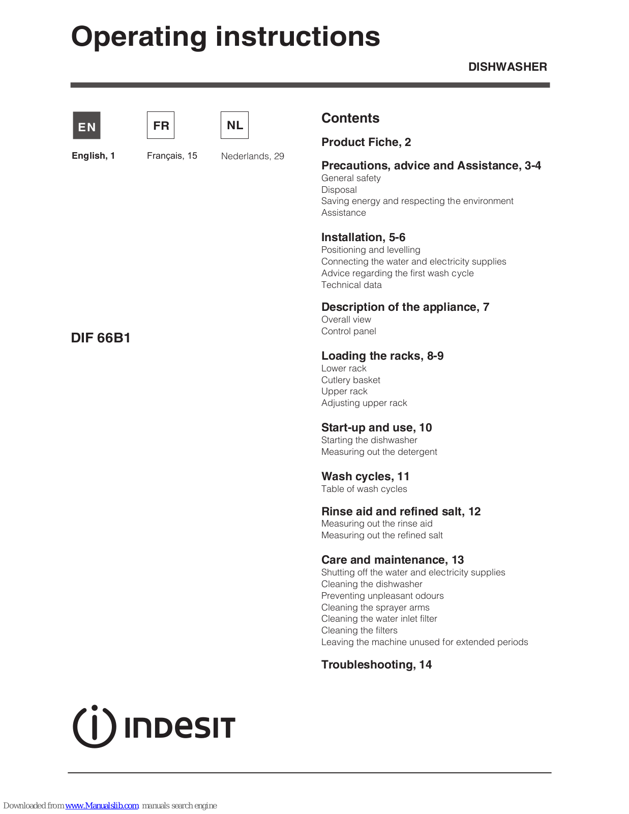 Indesit DIF 66B1 Operating Instructions Manual