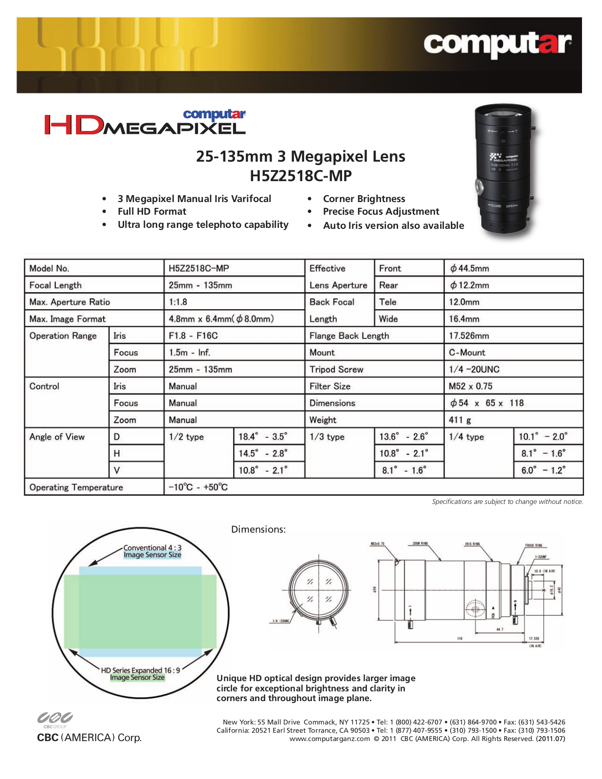 Computar H5Z2518C-MP Specsheet