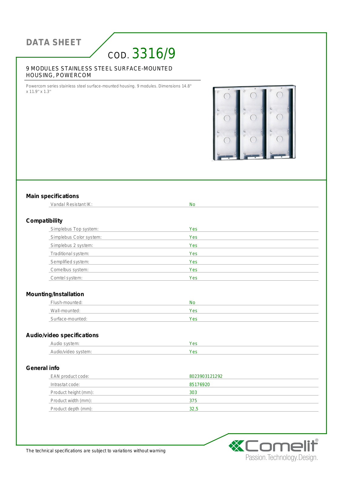 Comelit 3316-9 Specsheet - ManualMachine.com