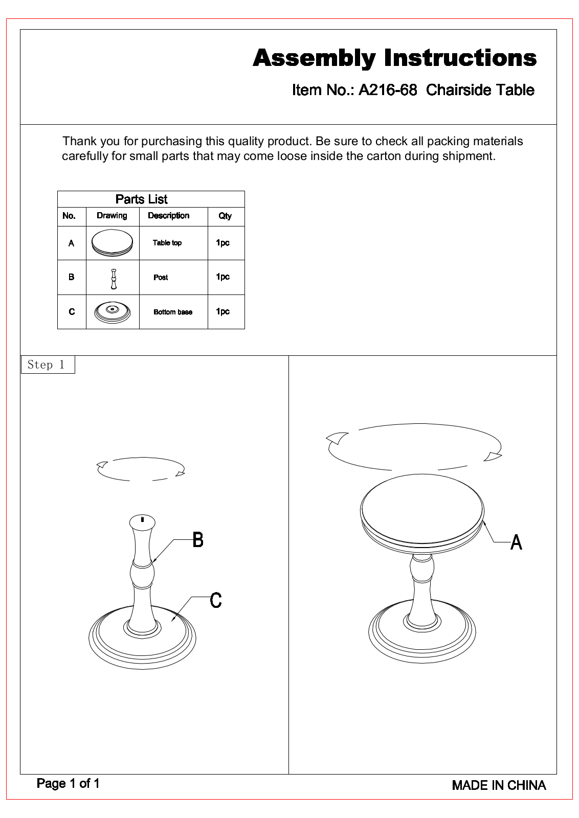 Progressive Furniture A21668 Assembly Guide