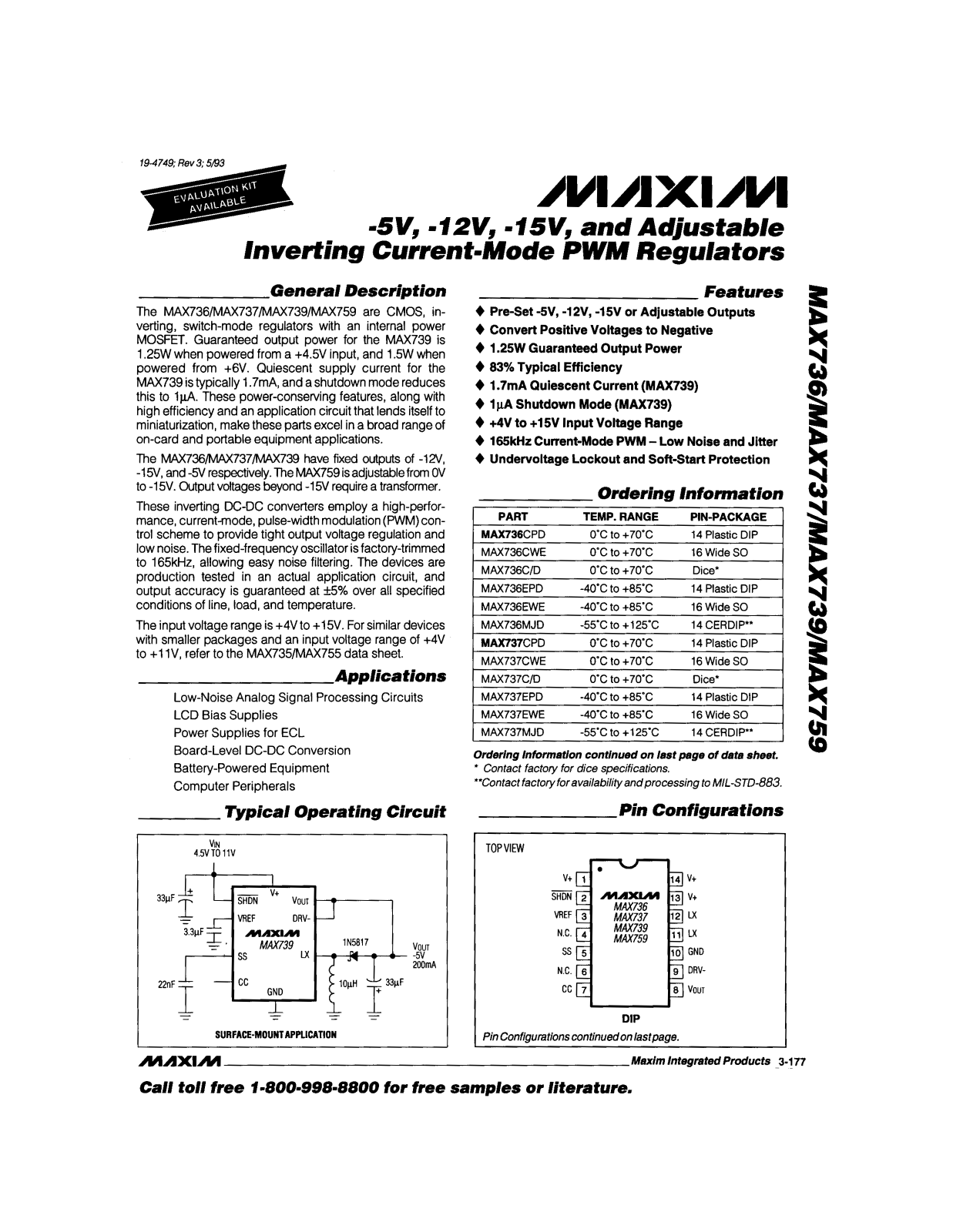 Maxim MAX759CWE, MAX759C-D, MAX759MJD, MAX759EPD, MAX736MJD Datasheet