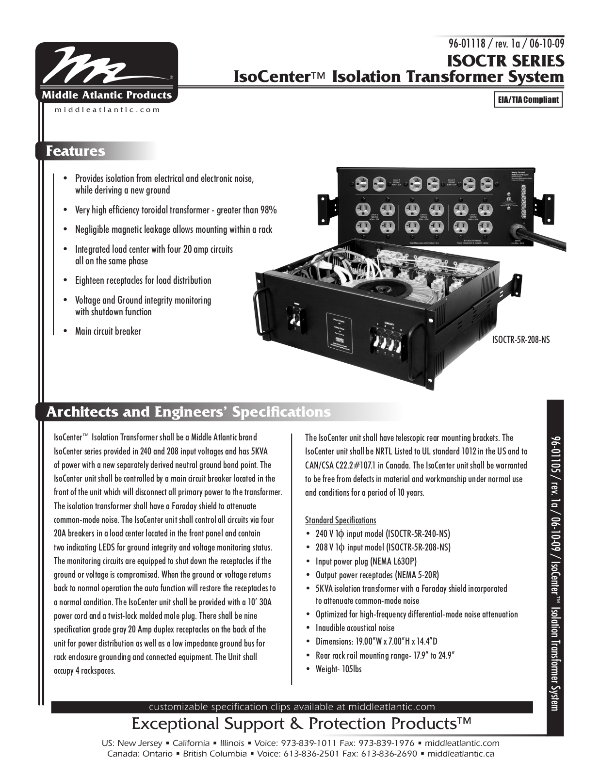 Middle Atlantic ISOCTR-5R-240-NS, ISOCTR-5R-208-NS Data Sheet