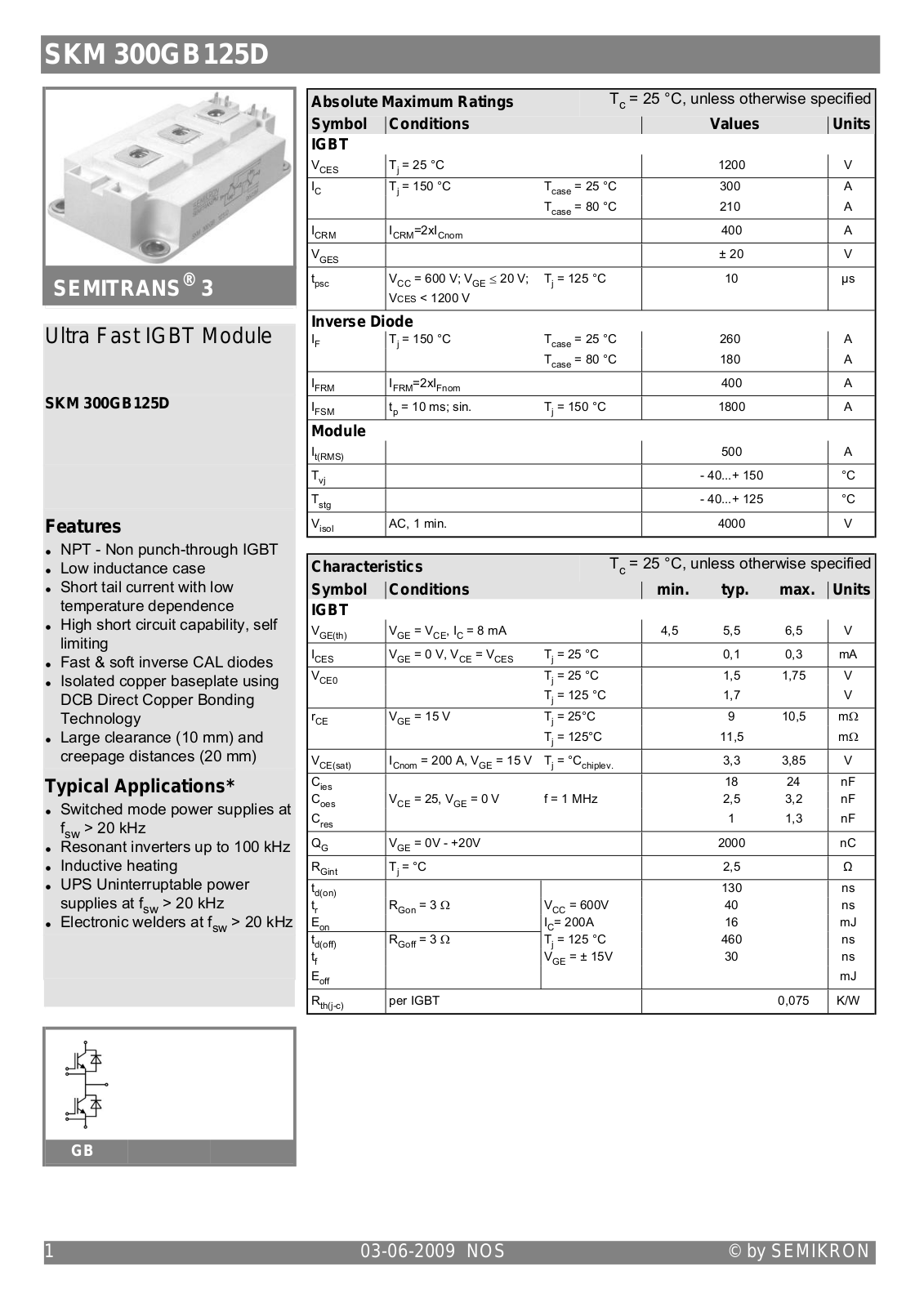 Semikron SKM300GB125D Data Sheet