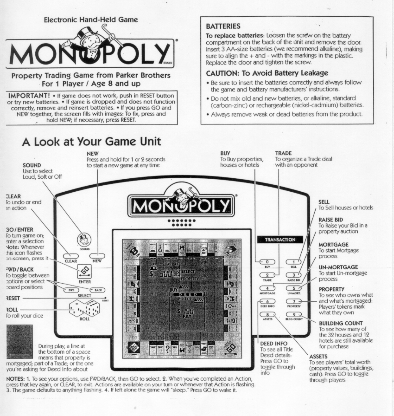 HASBRO Monopoly Electronic Hand-held, Monopoly Hand Held User Manual