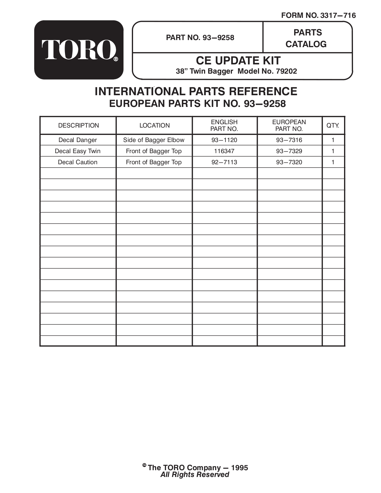 Toro 93-9258 Parts Catalogue