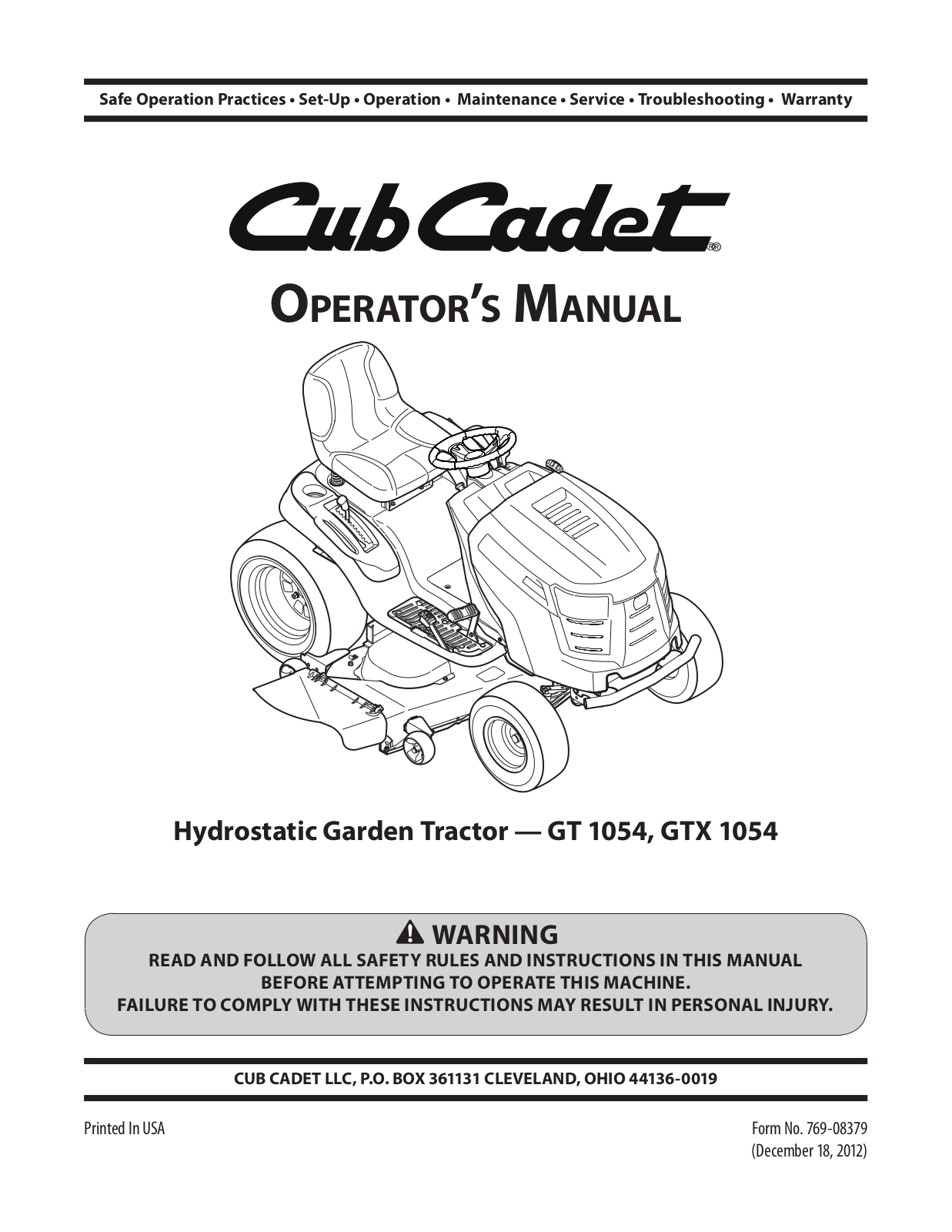 Cub cadet GTX 1054, GT 1054 User Manual