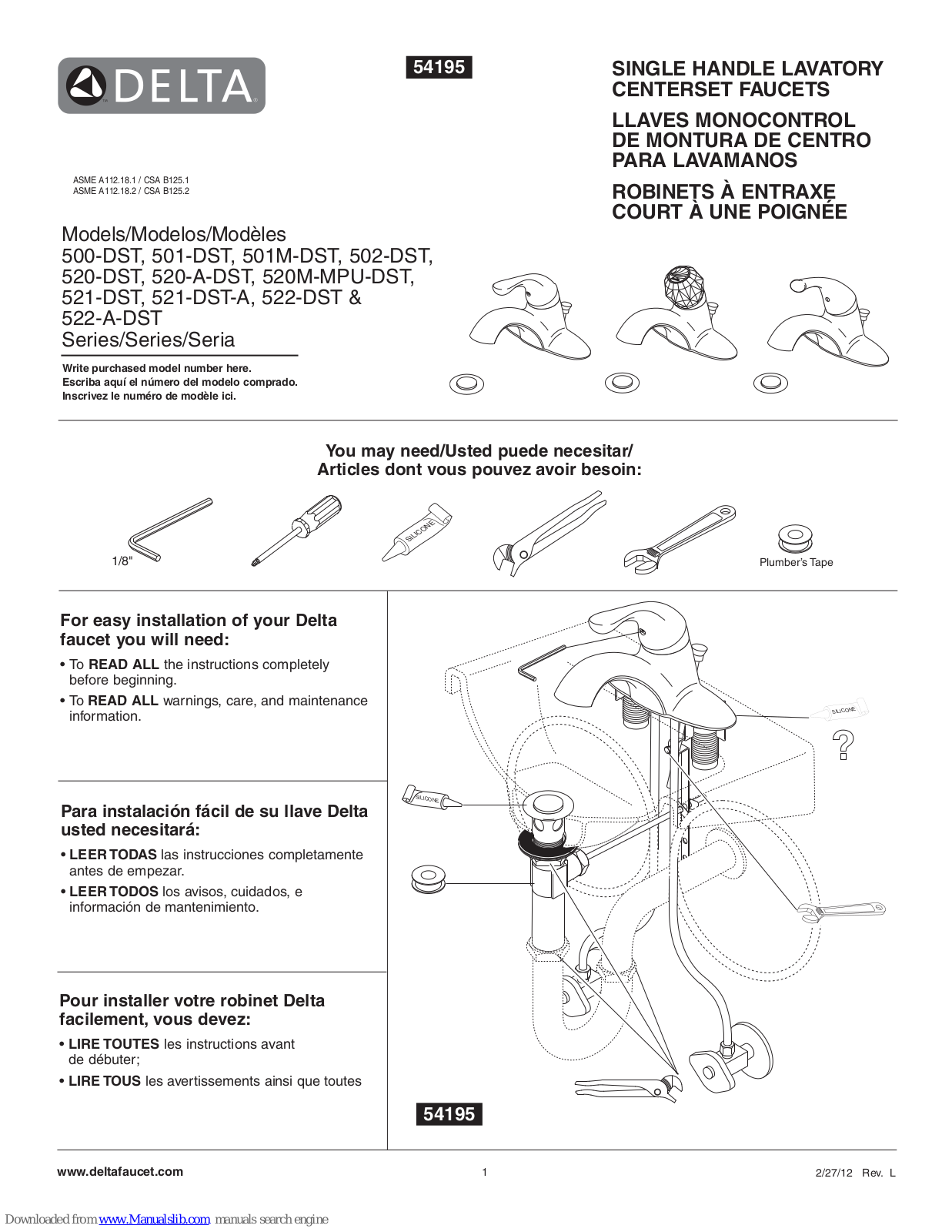 Delta 520-DST, 501-DST, 502-DST, 501M-DST, 520-A-DST Installation Manual