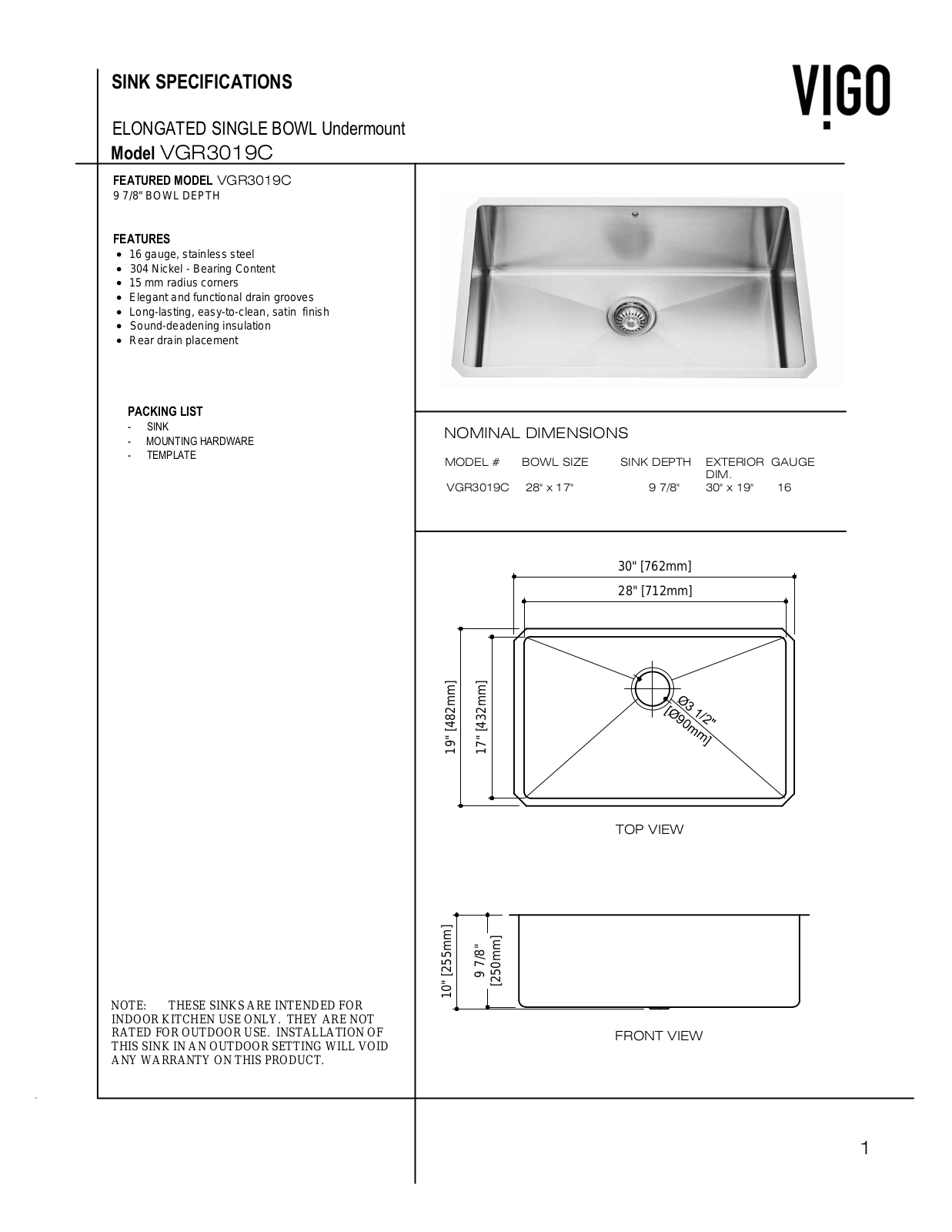 Vigo VG15253, VG15251 Specifications