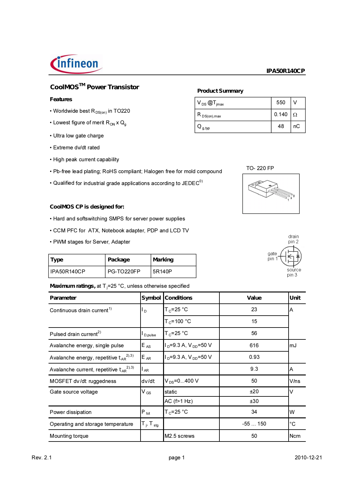 Datasheet ipa50r140cp_rev2.1 Datasheet - ManualMachine.com