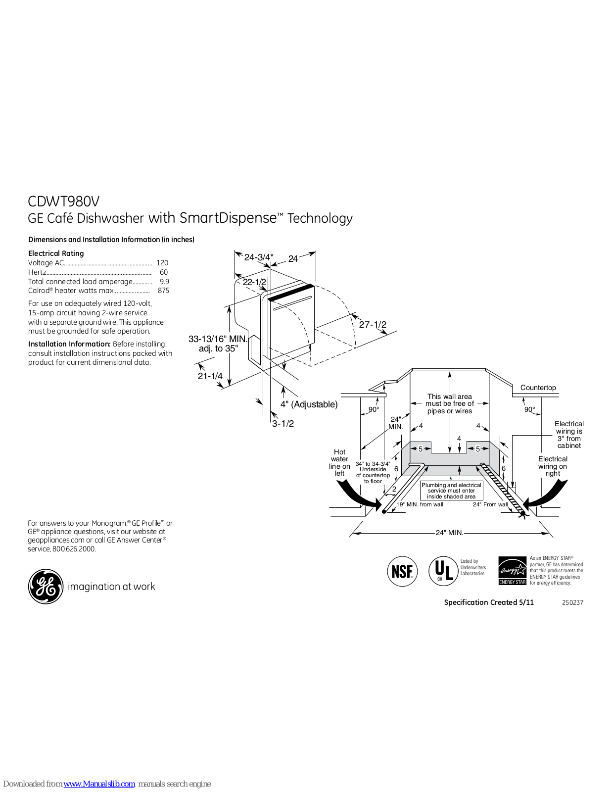 GE CDWT980VSS, CDWT980V Dimensions And Installation Information