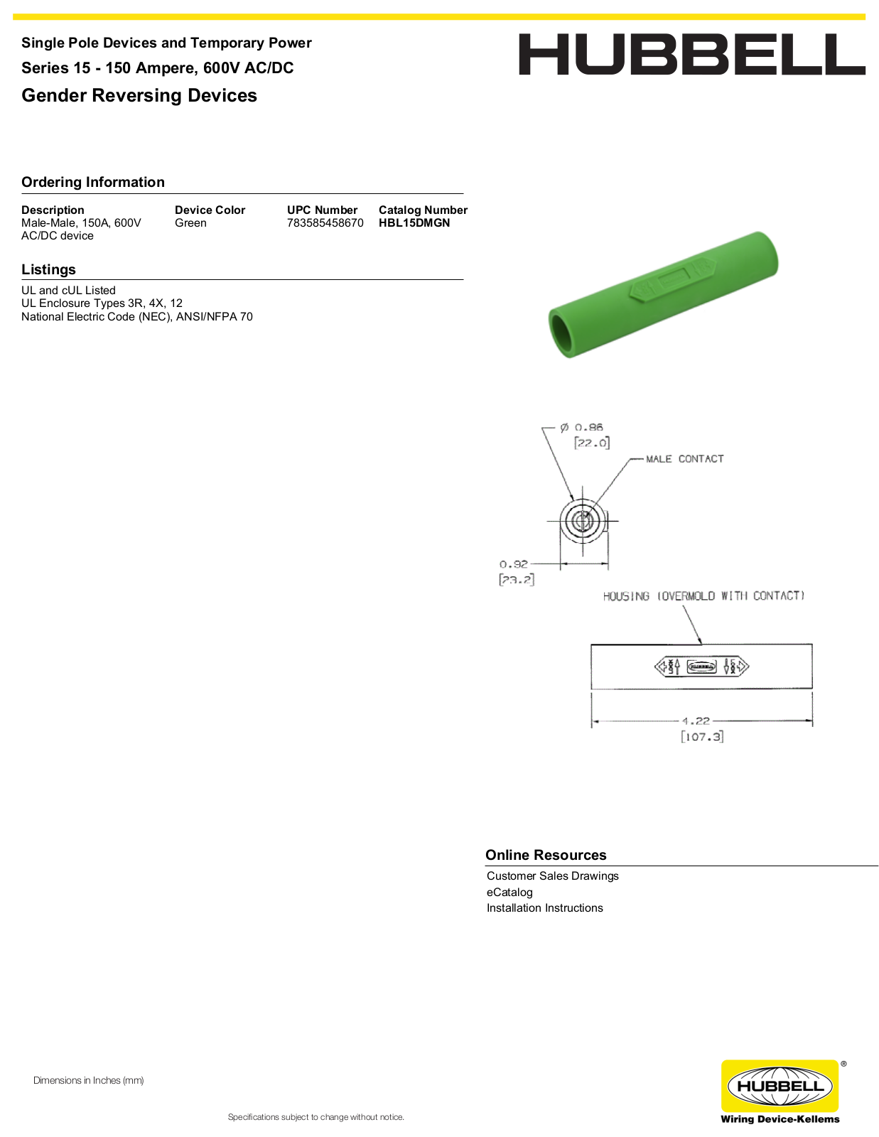 Hubbell HBL15DMGN Specifications