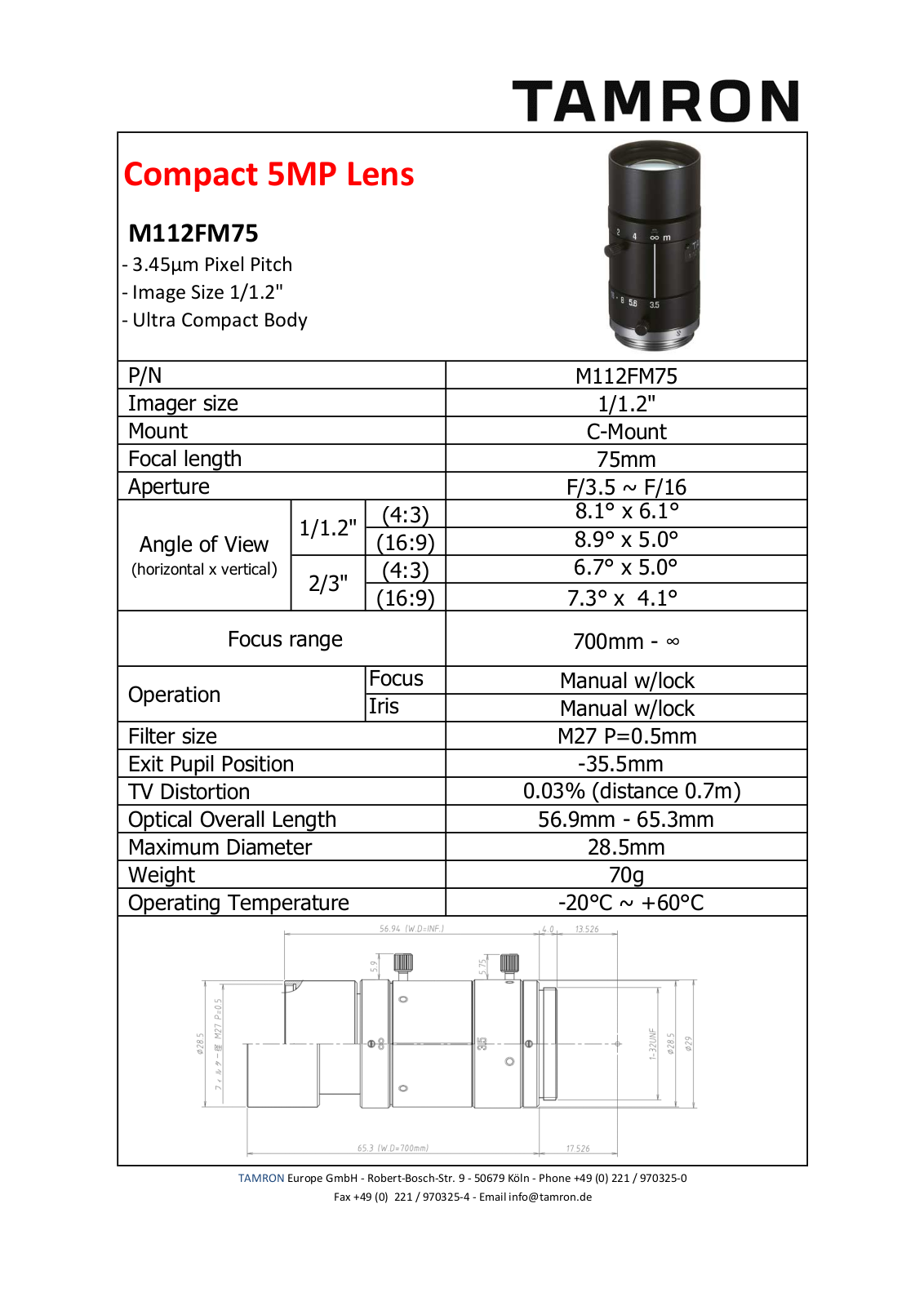 Tamron M112FM75 Specsheet