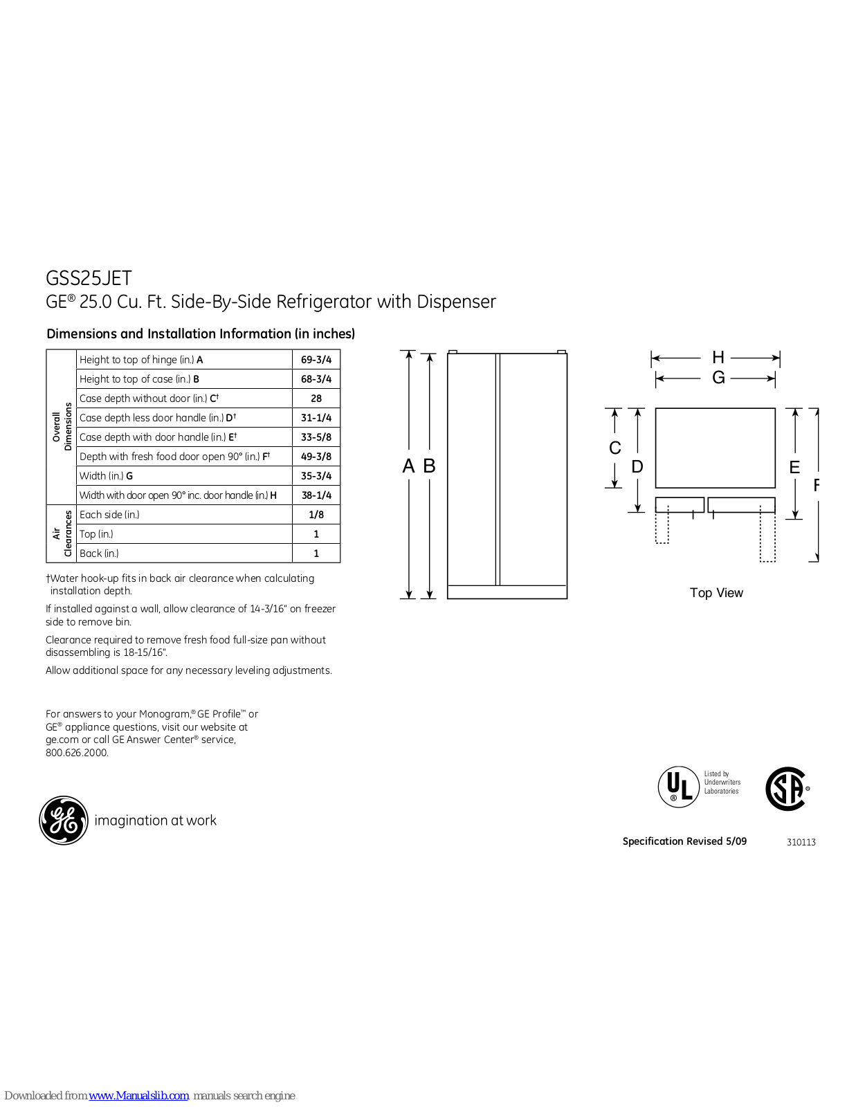 GE GSS25JET, GSS25JETWW, GSS25JETCC, GSS25JETBB Dimensions And Installation Information