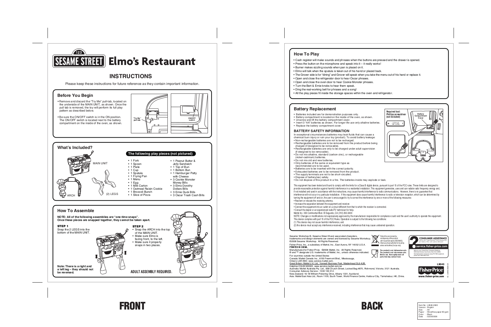 Fisher-Price L9040 Instruction Sheet