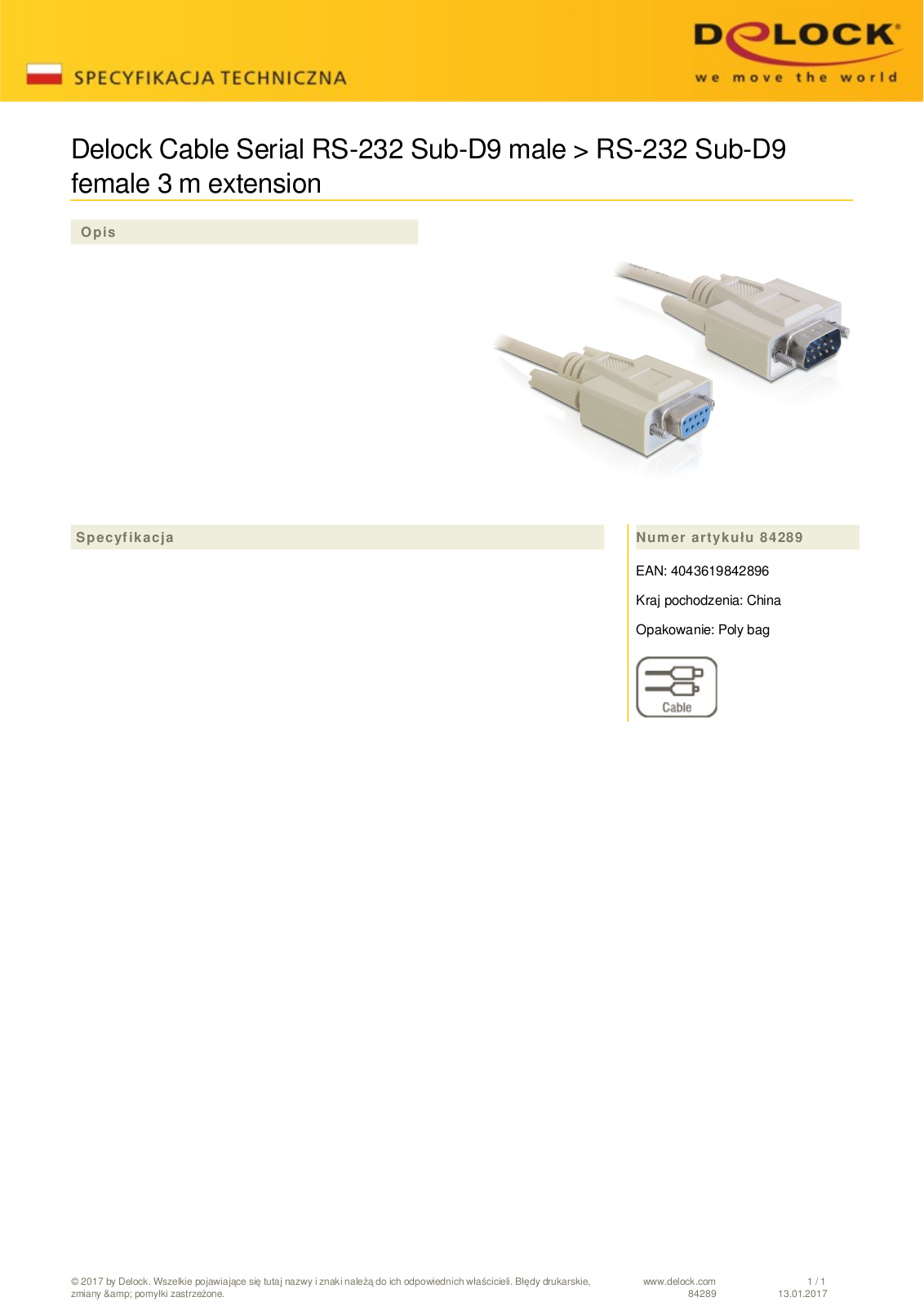 DeLOCK RS-232 cable 9-pol-plug-9-pol-socket 3m User Manual