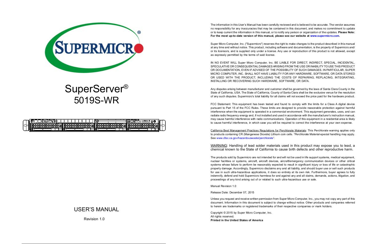 Super Micro SYS-5019S-WR User Manual