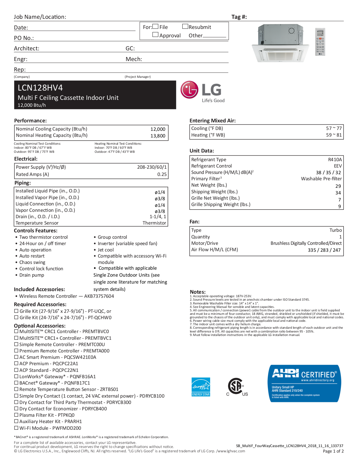 LG LCN128HV4 Specifications