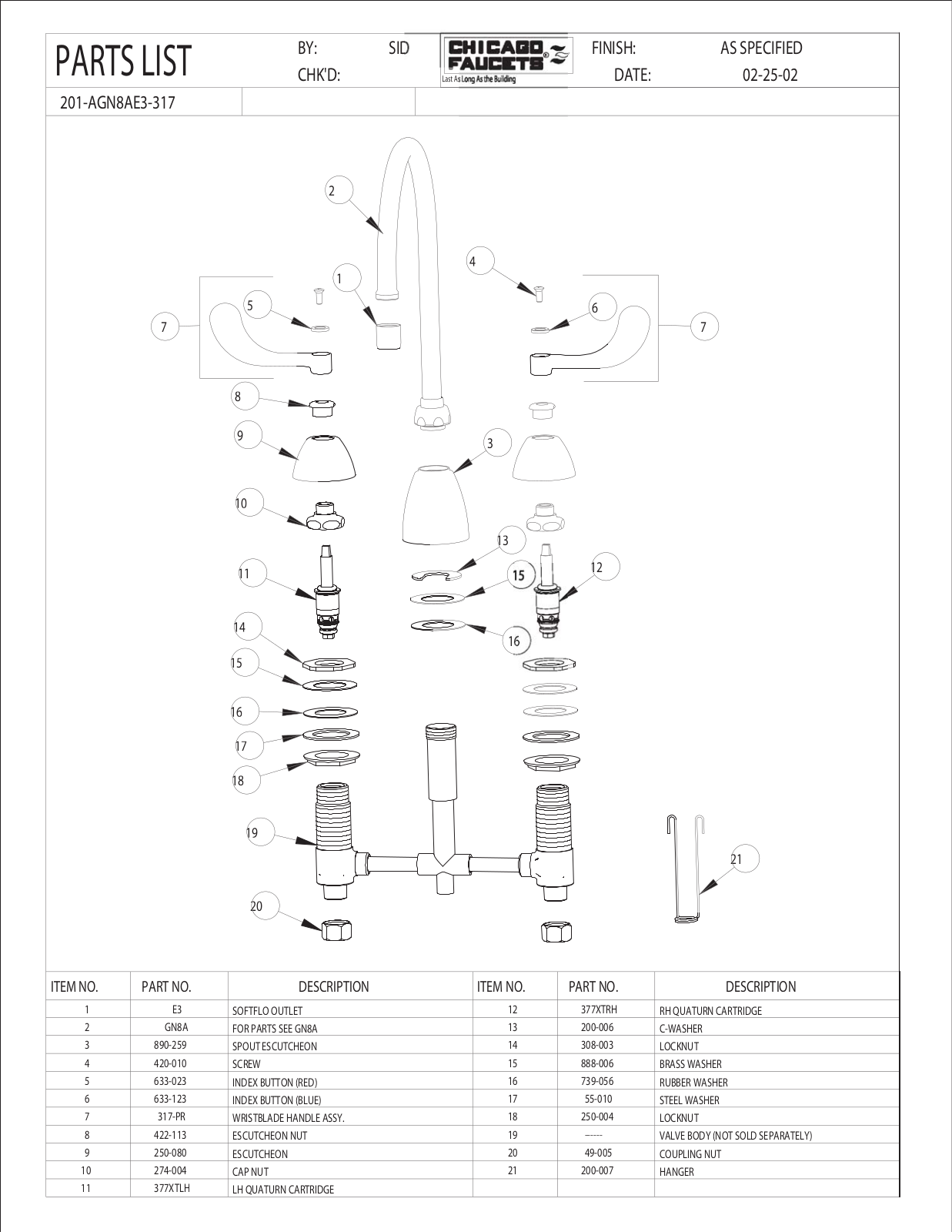 Chicago Faucet 201-AGN8AE3-317CP Parts List