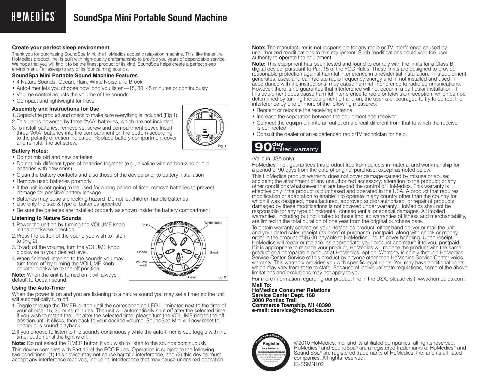 HoMedics SS-MN101WT Downloadable Instruction Book