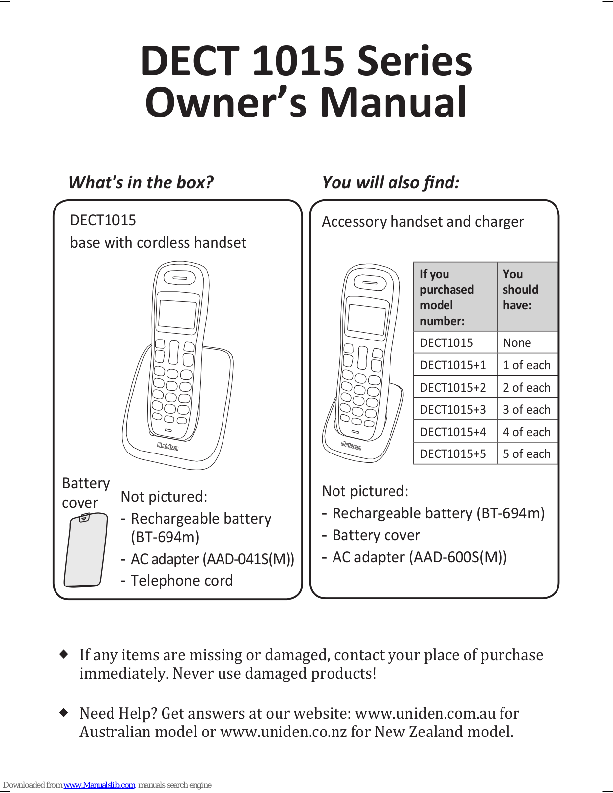 Uniden Dect 1015 Series, DECT1015, DECT1015+1, DECT1015+2, DECT1015+3 Owner's Manual