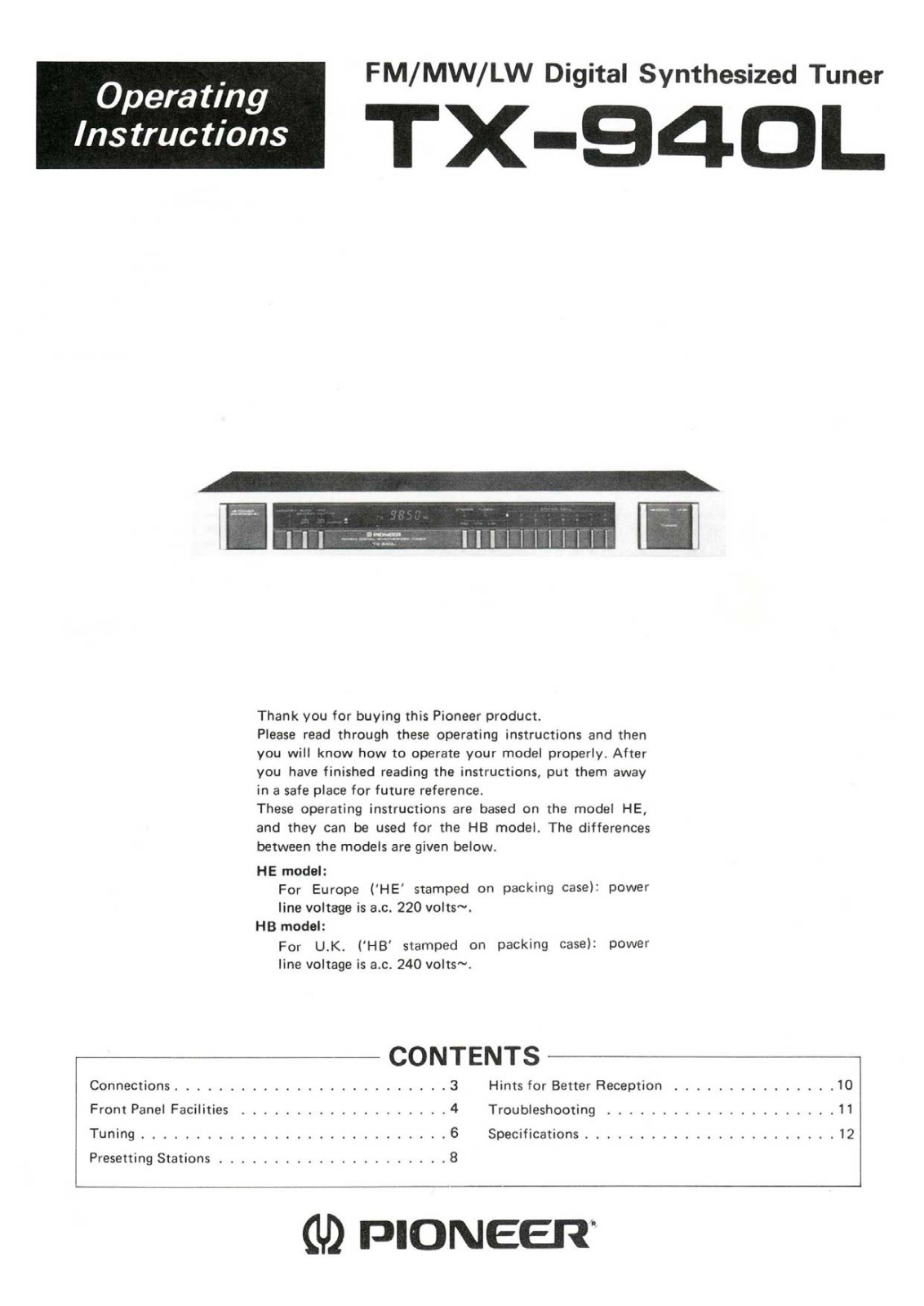 Pioneer TX-940L Owners Manual