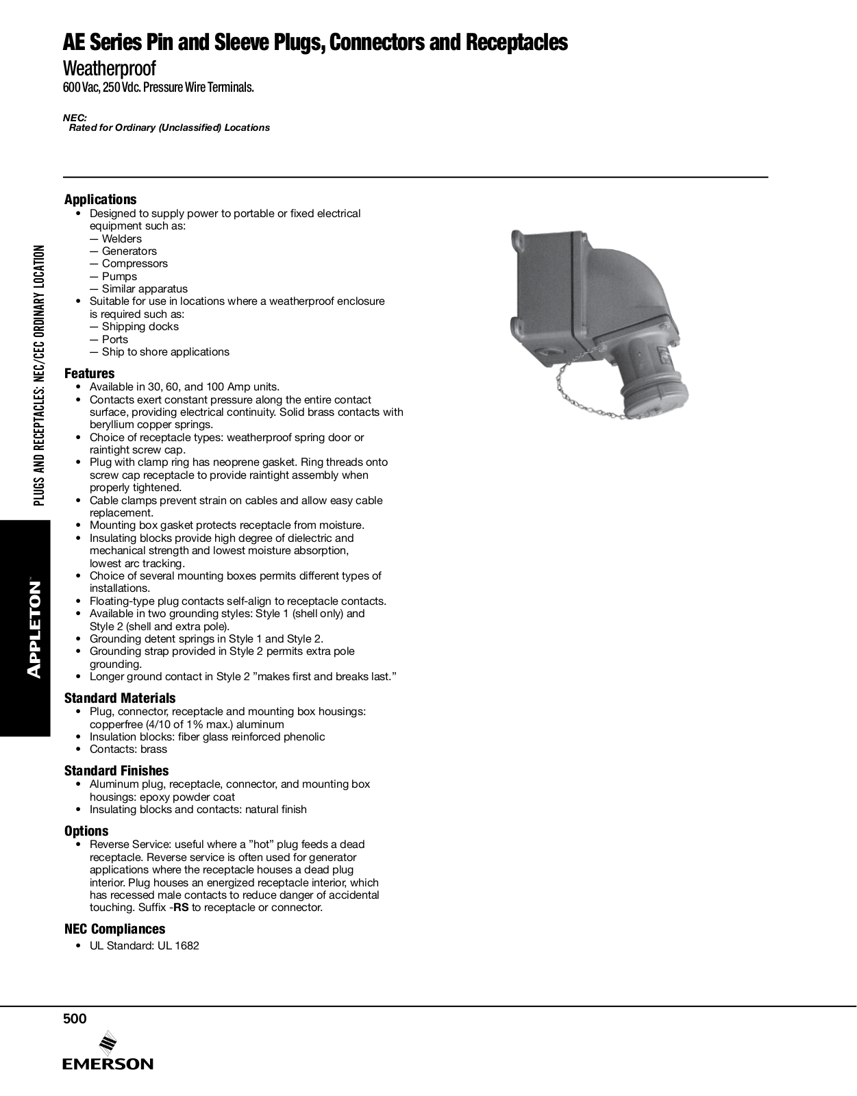 Appleton AE Series Pin and Sleeve Plugs Connectors and Receptacles Catalog Page