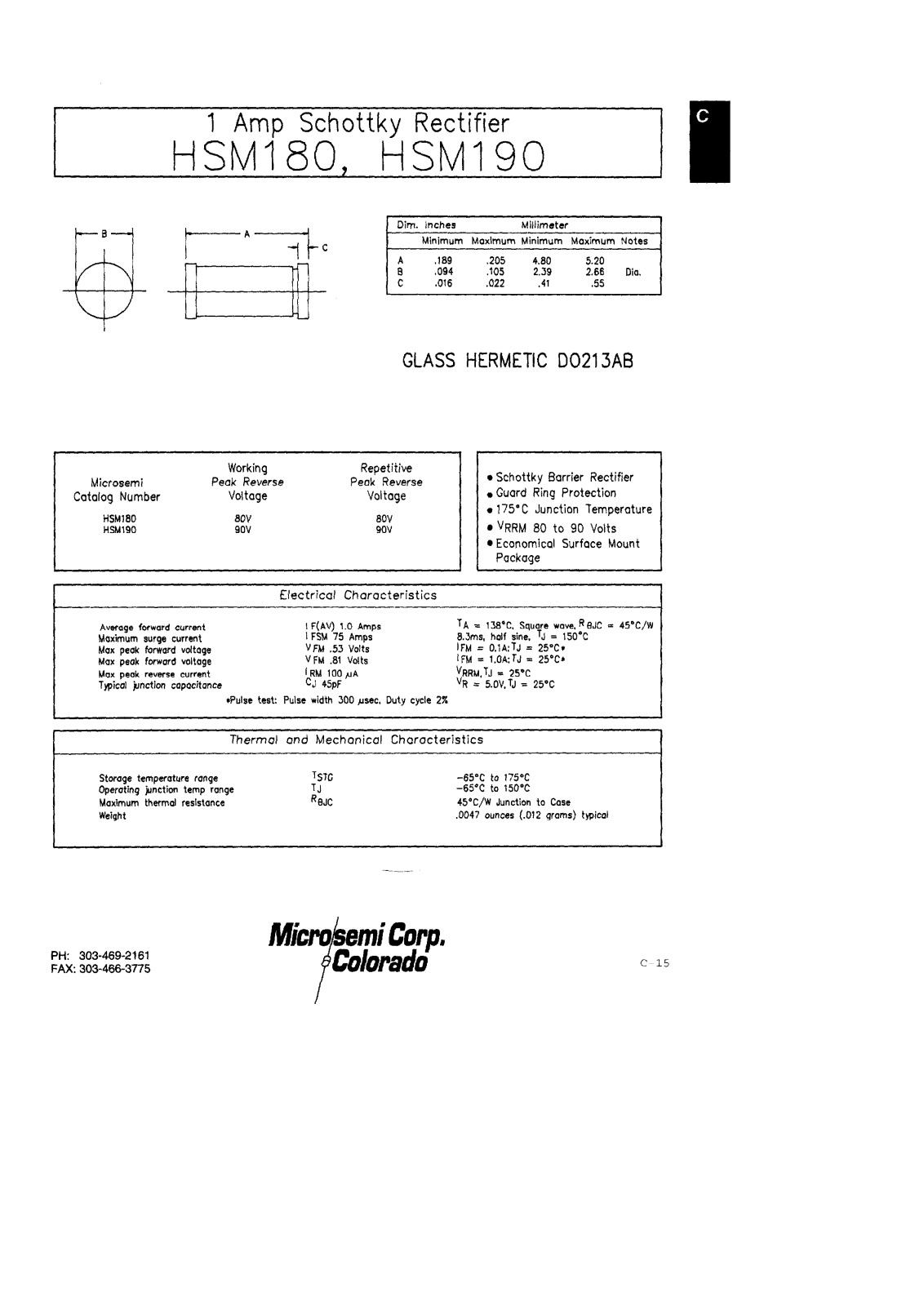 Microsemi Corporation HSM190MELF, HSM180MELF Datasheet