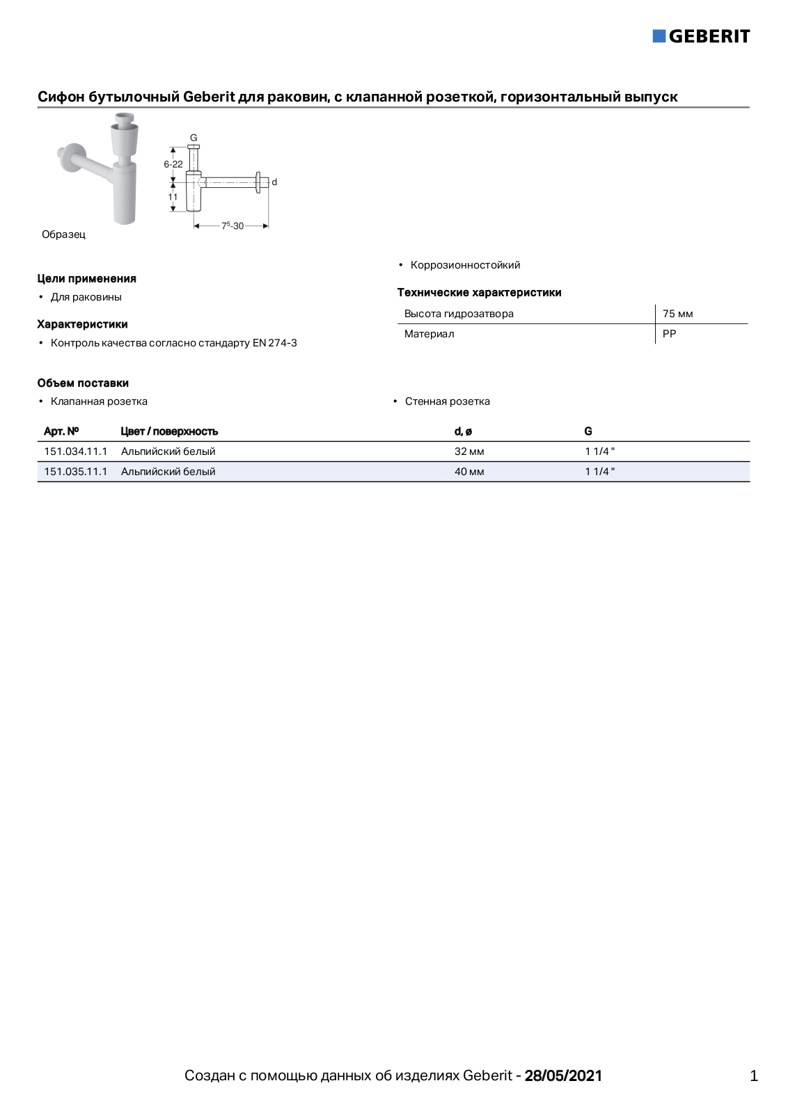 Geberit 151.034.11.1, 151.035.11.1 Datasheet